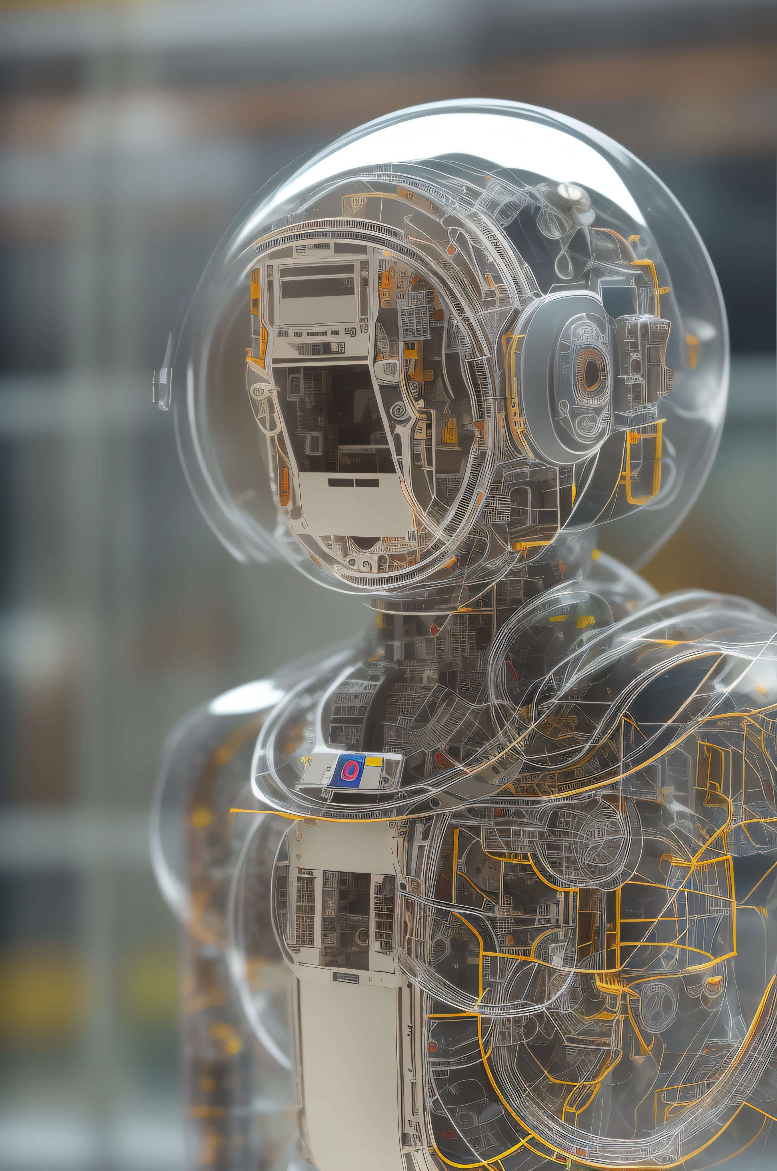 droste effect photography, fully transparent robot, concept design, award winning, polycarbonate, pcb, wires, electronics, fully visible mechanical components