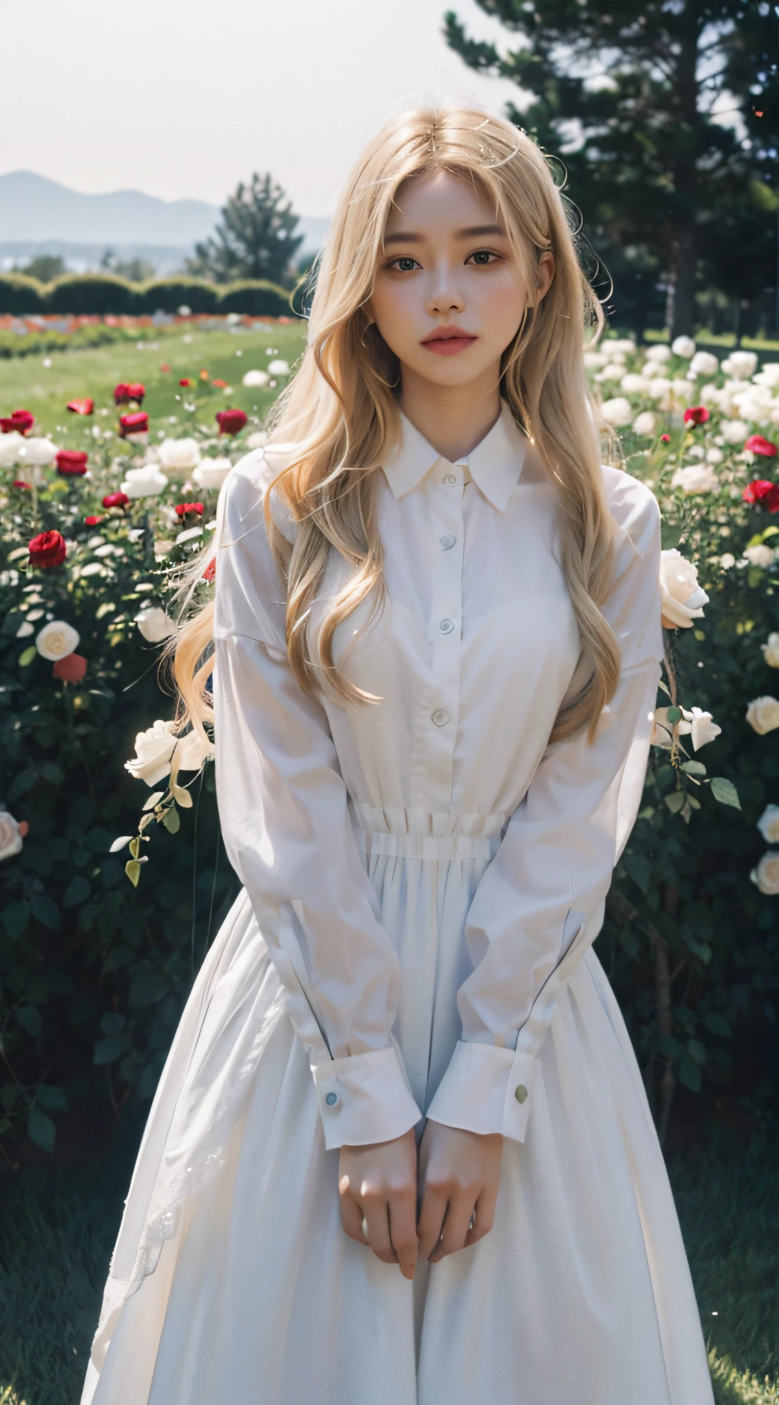 Poetic shots, hazy light and shadow, aestheticism, melancholic film, 1 girl, blonde hair, hair in many colors, emotional depth, dress shirt, flowers, flower fields, roses, blooming,
