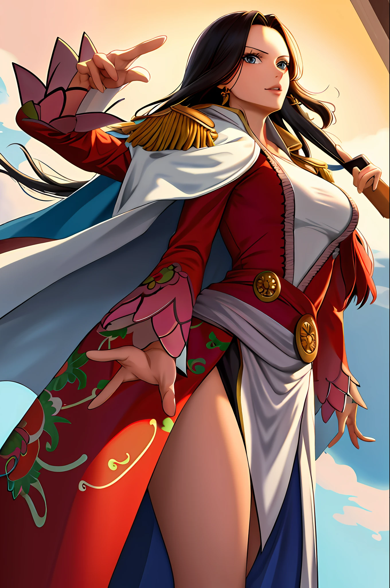 masterpiece, best quality, highres, hancock1, 1girl, boa hancock, large breasts, long hair, epaulettes, cape, side slit, cowboy shot, standing, pointing at viewer,