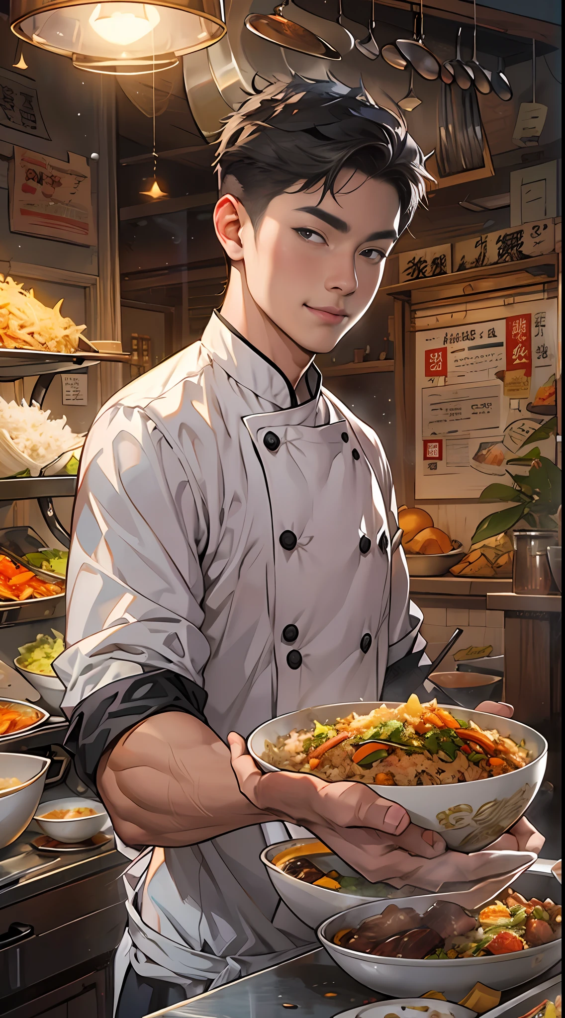 A young and promising male chef stands in front of a stall, The bowl in hand is filled with delicious fried rice,Numerous viewers watched eagerly,With anticipation,drools. ,in the style of the stars art group xing xing, 32K, Best quality, Masterpiece, Super detail, High details,