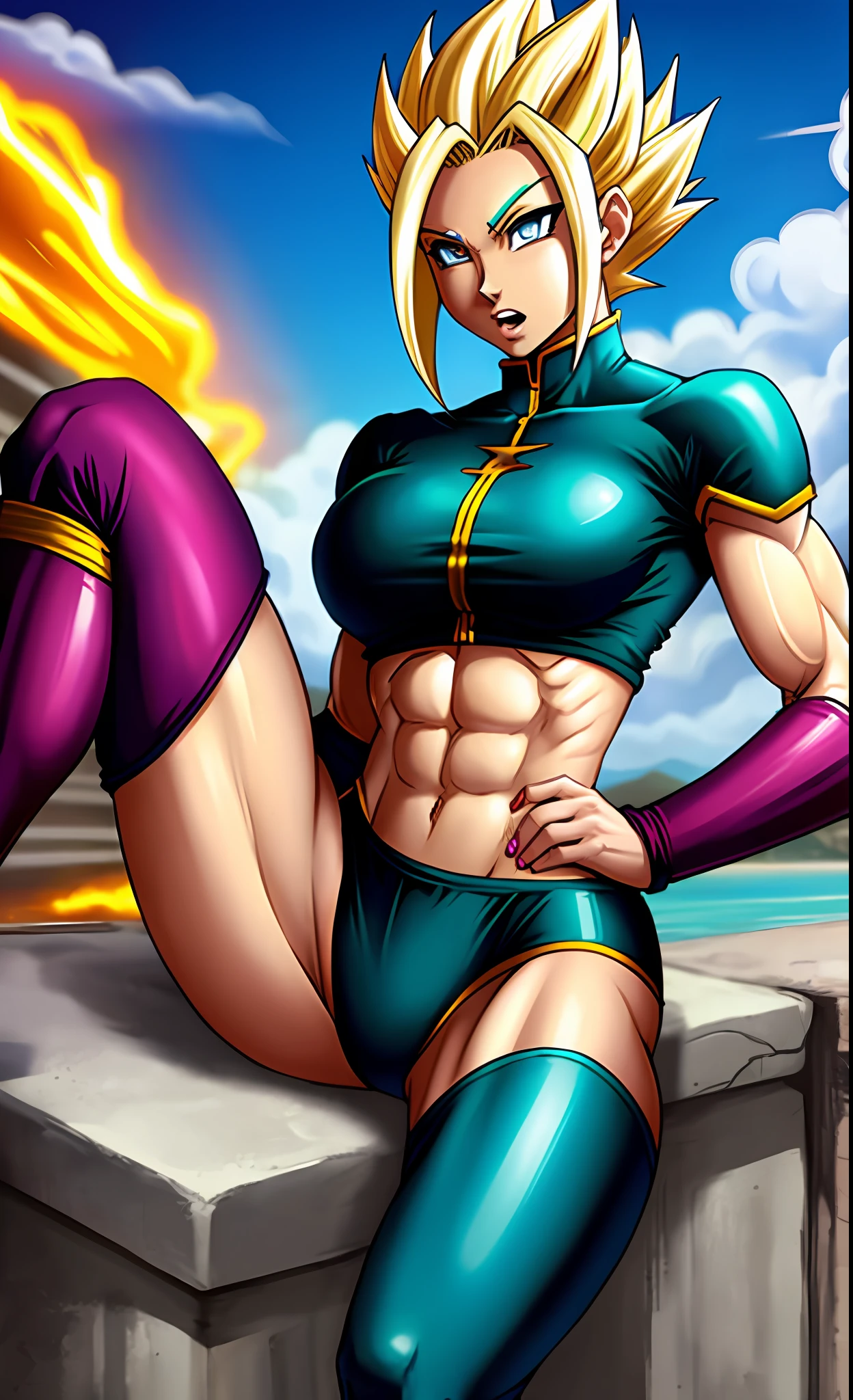 Woman with super saiyan athletic body, seios grandes, roupa de vegeta sexy.