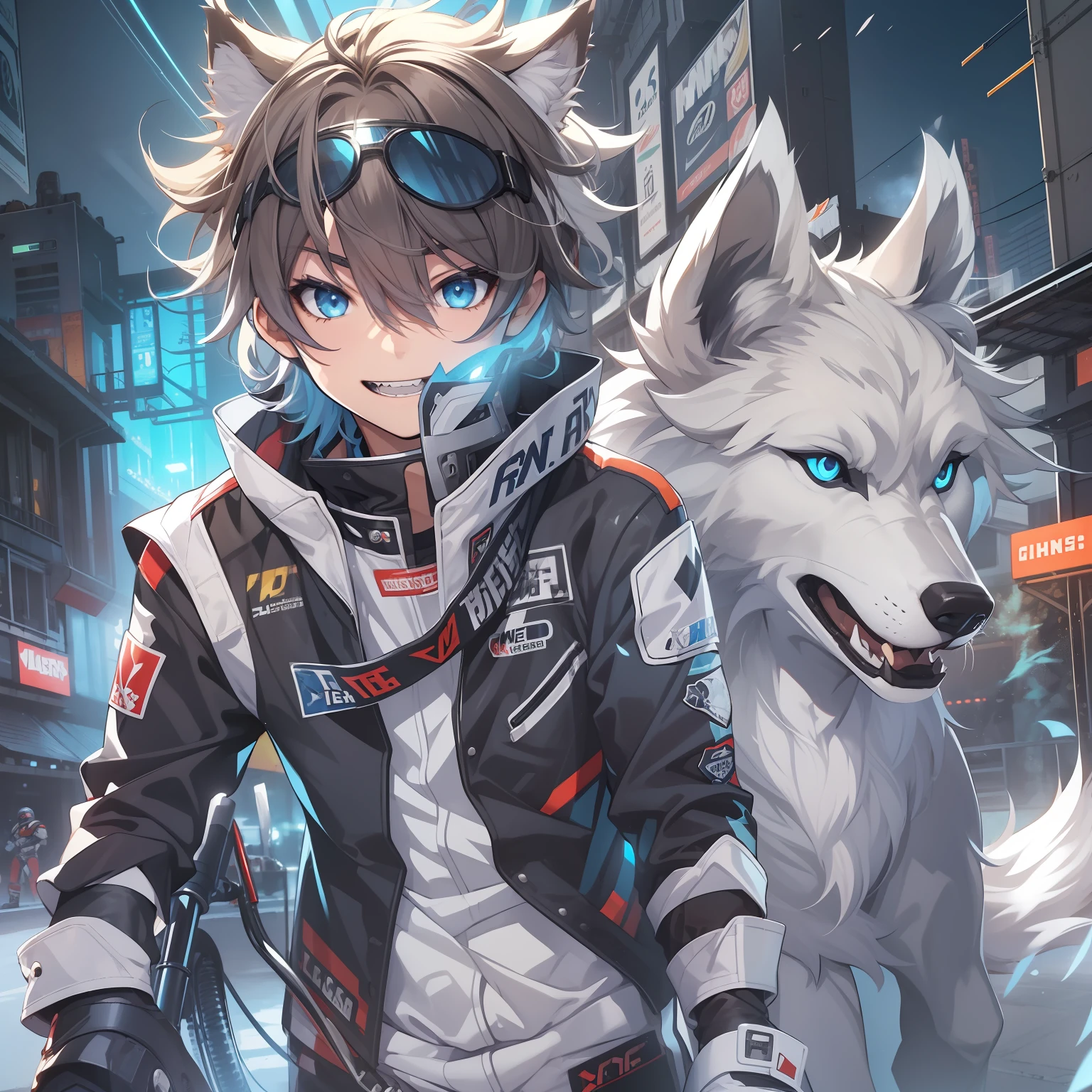 Game CG,((younge boy)),juvenile sense,Anime male protagonist,Wolf ears,Beast tail,Toothy smile,Locomotive goggles,White-blue jumpsuit,White fingerless gloves,Racing boots,Motorcycle racer,ventania,Light effects,Full body like