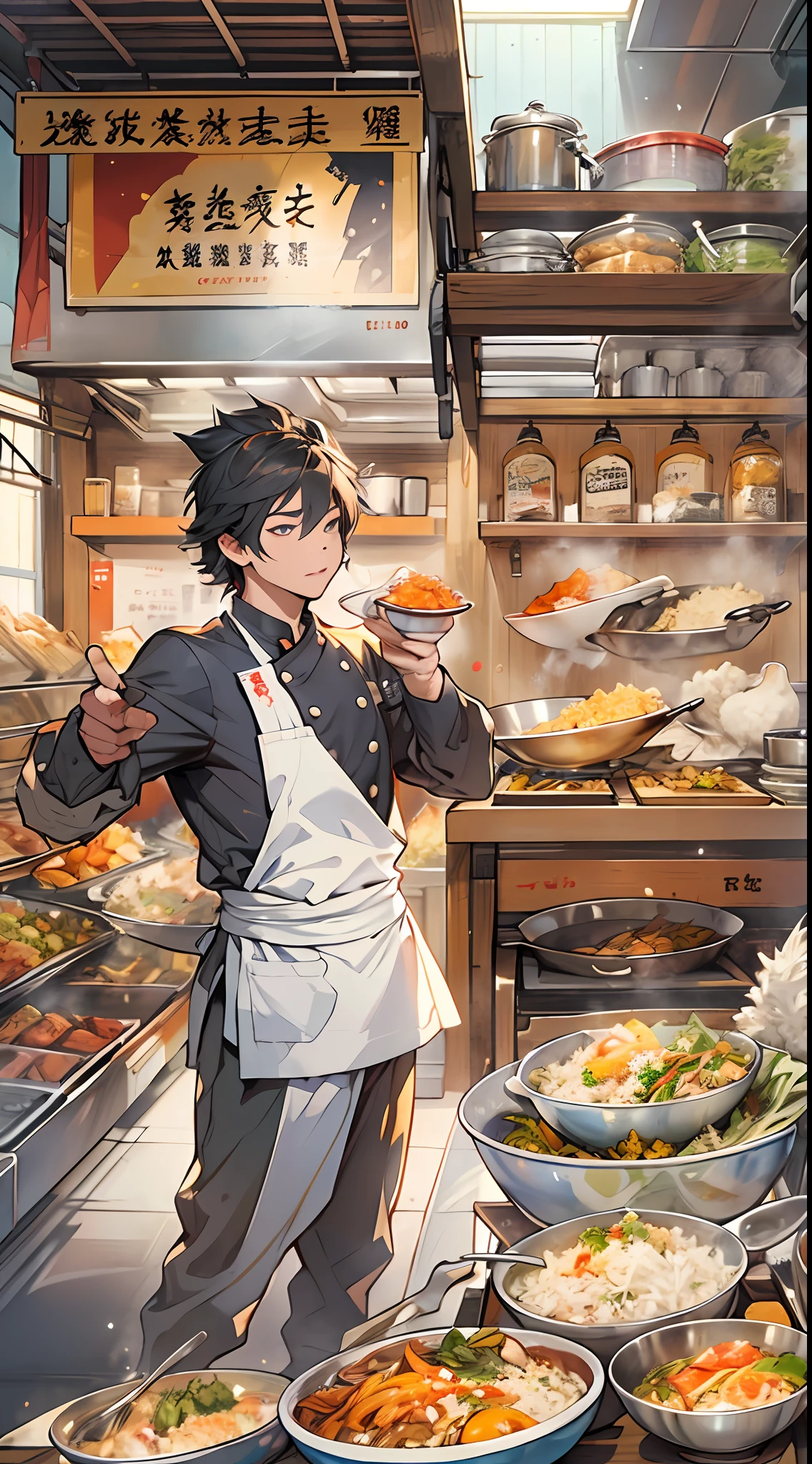 A young and promising male chef stands in front of a stall, The bowl in hand is filled with delicious fried rice,Numerous viewers watched eagerly,With anticipation,drools. ,in the style of the stars art group xing xing, 32K, Best quality, Masterpiece, Super detail, High details,