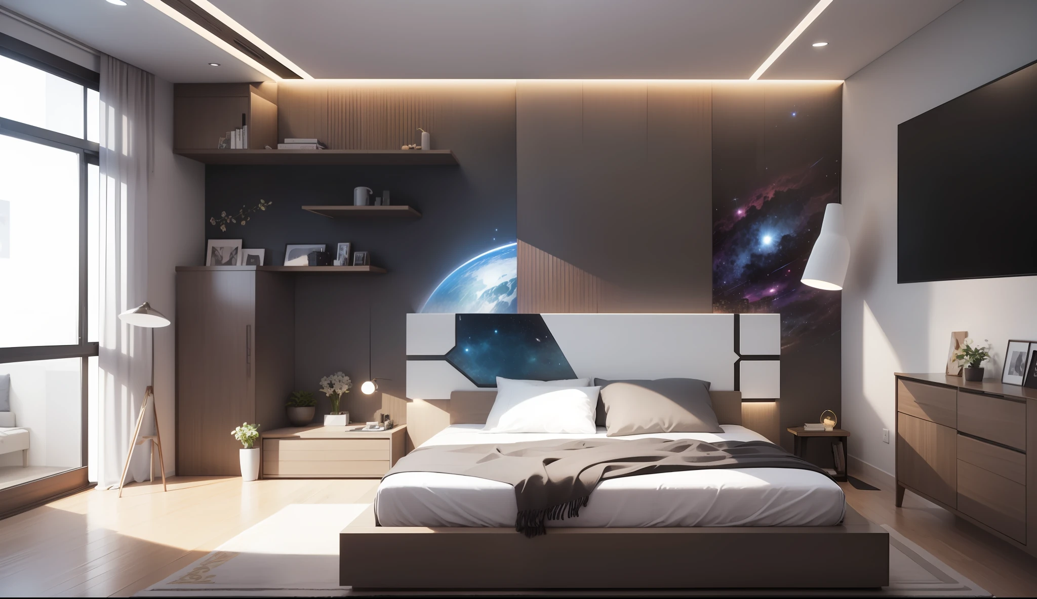 "1 bedroom with an ethereal outer space theme."