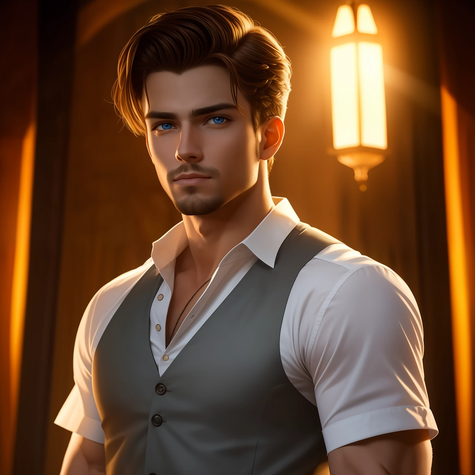 Foto americana de un chico guapo, intense amber eyes, Translucent, con un look sereno amable y sexy, muy guapo, amber eyes, dorado, Translucent, afilado, Clear lighting, 8k