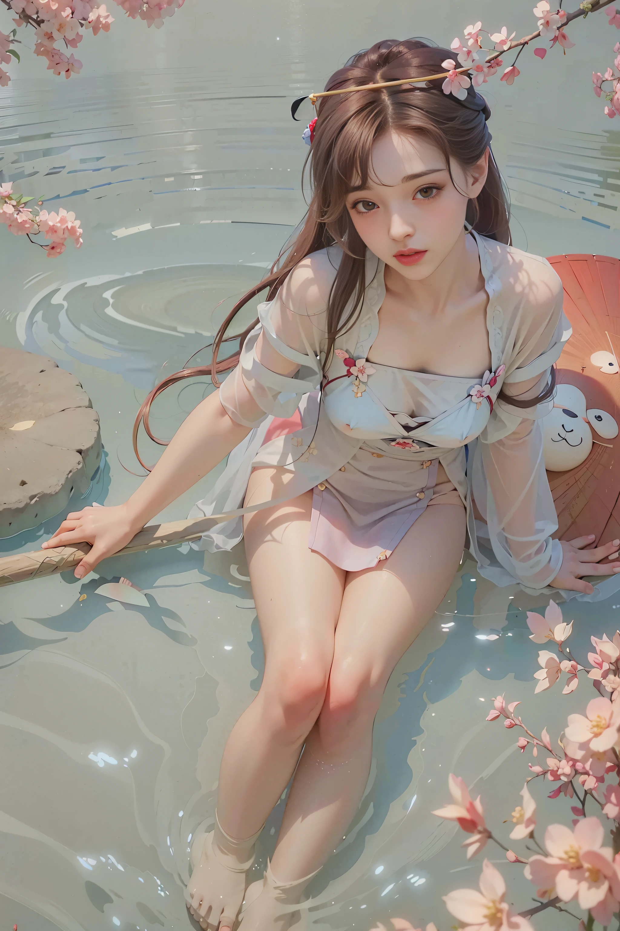 best quality,(RAW photo:1.2),(masterpiece:1.4),(photorealistic:1.4),(highres:1.4),
1girl, long hair, floating hair, hand fan, depth of field, from above,
hanami, cherry blossoms, lake, beautiful detailed water, goldfish, 
 pureerosface_v1, hanfu, tangstyle,