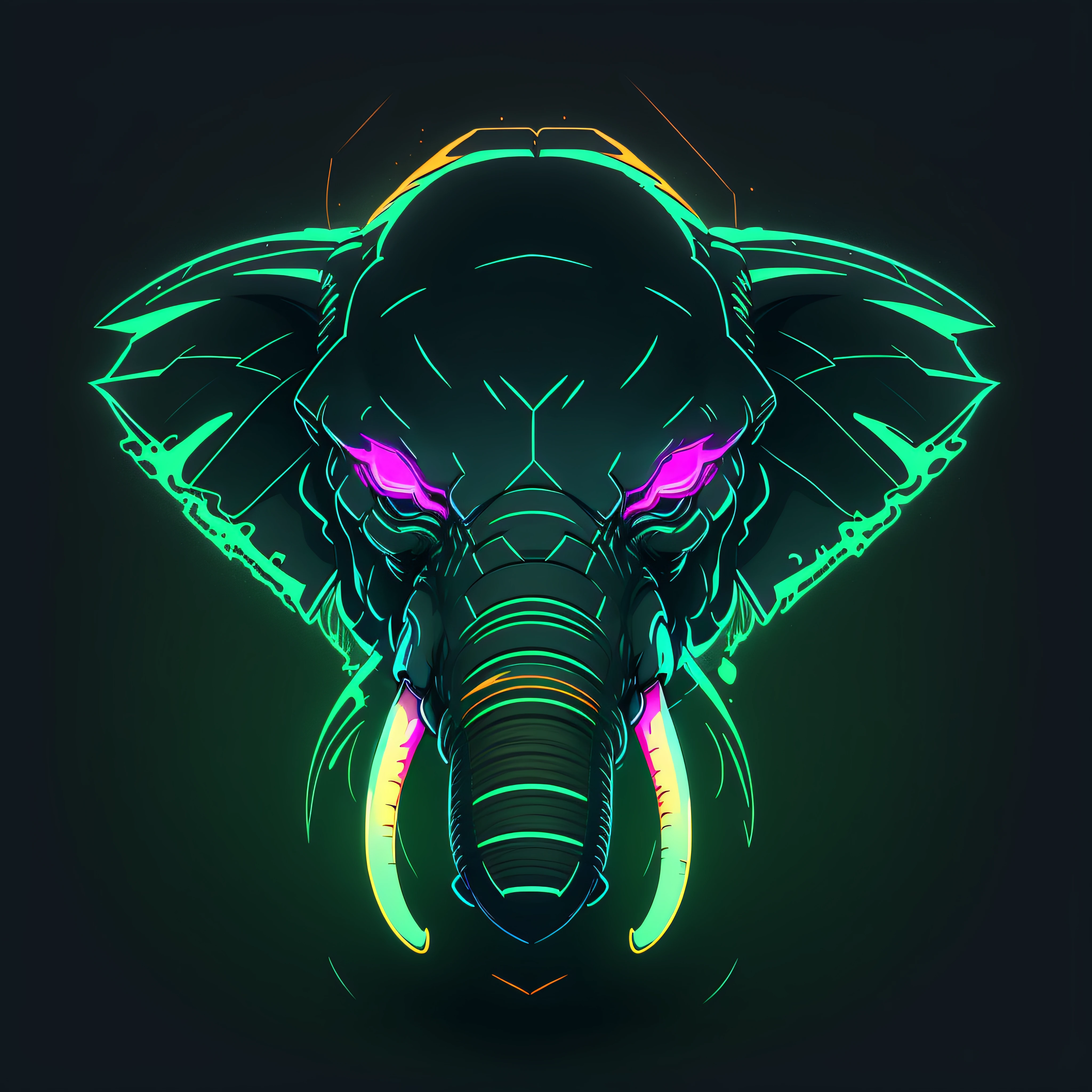 logo, elephant head, electric, 2d, in vector style, neon goloum glows, in cyberpunk style