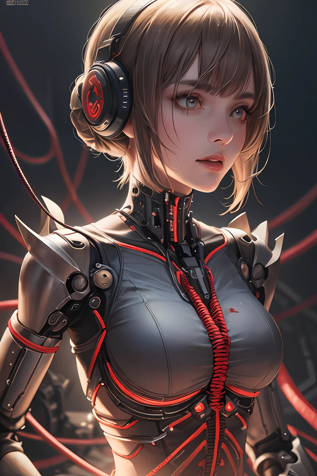 1mechanical girl,((ultra realistic details)), portrait, global illumination, shadows, octane render, 8k, ultra sharp,metal,intricate, ornaments detailed, cold colors, egypician detail, highly intricate details, realistic light, trending on cgsociety, glowing eyes, facing camera, neon details, machanical limbs,blood vessels connected to tubes,mechanical vertebra attaching to back,mechanical cervial attaching to neck,sitting,wires and cables connecting to head