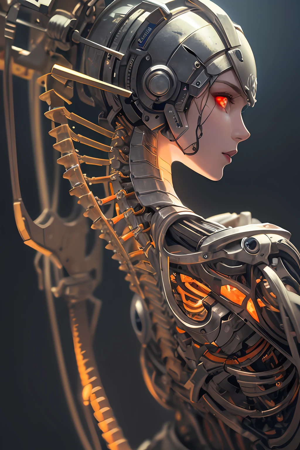 1mechanical girl,((ultra realistic details)), portrait, global illumination, shadows, octane render, 8k, ultra sharp,metal,intricate, ornaments detailed, cold colors, egypician detail, highly intricate details, realistic light, trending on cgsociety, glowing eyes, facing camera, neon details, machanical limbs,blood vessels connected to tubes,mechanical vertebra attaching to back,mechanical cervial attaching to neck,sitting,wires and cables connecting to head