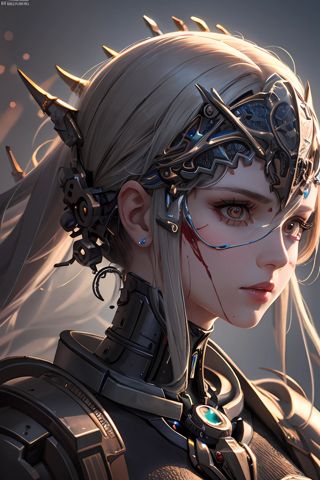1mechanical girl,((ultra realistic details)), portrait, global illumination, shadows, octane render, 8k, ultra sharp,metal,intricate, ornaments detailed, cold colors, egypician detail, highly intricate details, realistic light, trending on cgsociety, glowing eyes, facing camera, neon details, machanical limbs,blood vessels connected to tubes,mechanical vertebra attaching to back,mechanical cervial attaching to neck,sitting,wires and cables connecting to head