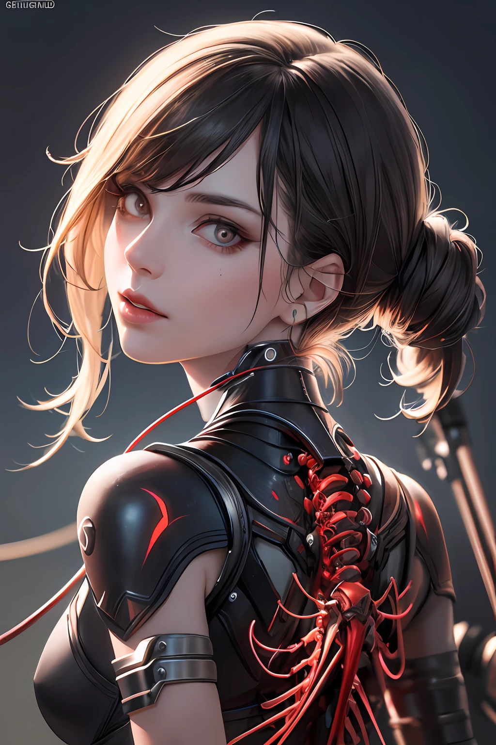 1mechanical girl,((ultra realistic details)), portrait, global illumination, shadows, octane render, 8k, ultra sharp,metal,intricate, ornaments detailed, cold colors, egypician detail, highly intricate details, realistic light, trending on cgsociety, glowing eyes, facing camera, neon details, machanical limbs,blood vessels connected to tubes,mechanical vertebra attaching to back,mechanical cervial attaching to neck,sitting,wires and cables connecting to head