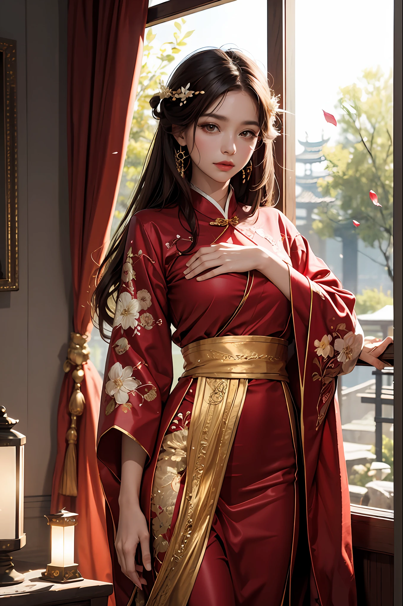 best quality, masterpiece, highres, (exquisite body:1.5),gorgeous face,(milky skin:1.3),intricate details,high resolution,wallpaper,
1girl, solo, dress, hair ornament, (((gold and red dress))), flowers, long hair, brown hair, closed mouth, jewelry, long sleeves, hand up, wide sleeves, big eyes,floating hair, chinese clothes, hanfu, embroidery, long skirt, natural pose, falling petals, indoor,fanning, lantern,
16K,HDR,highres,depth field,(film grain:1.1),boken,golden hour,(lens flare),vignette,rainbowing,(color grading:1.5)