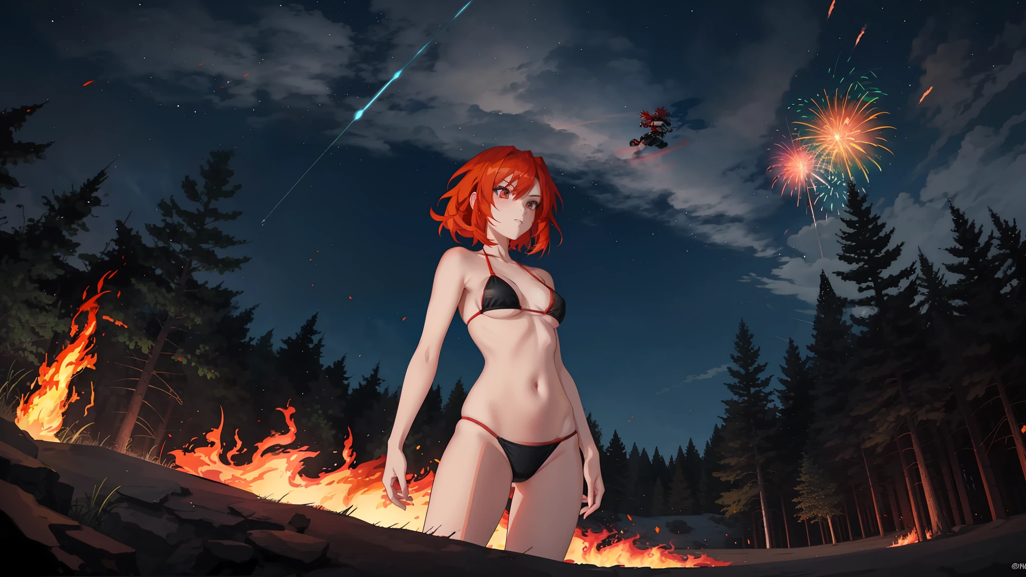 Anime girl in bikini standing in front of forest with fireworks, Fire!! full body, Badass anime 8 K, the fire goddess, red haired goddess, hot fire goddess, fire hair, she has fire powers, Digital anime illustration, With fire, fire embers, commission for high resolution, seductive anime girls, Digital anime art, Guviz-style artwork