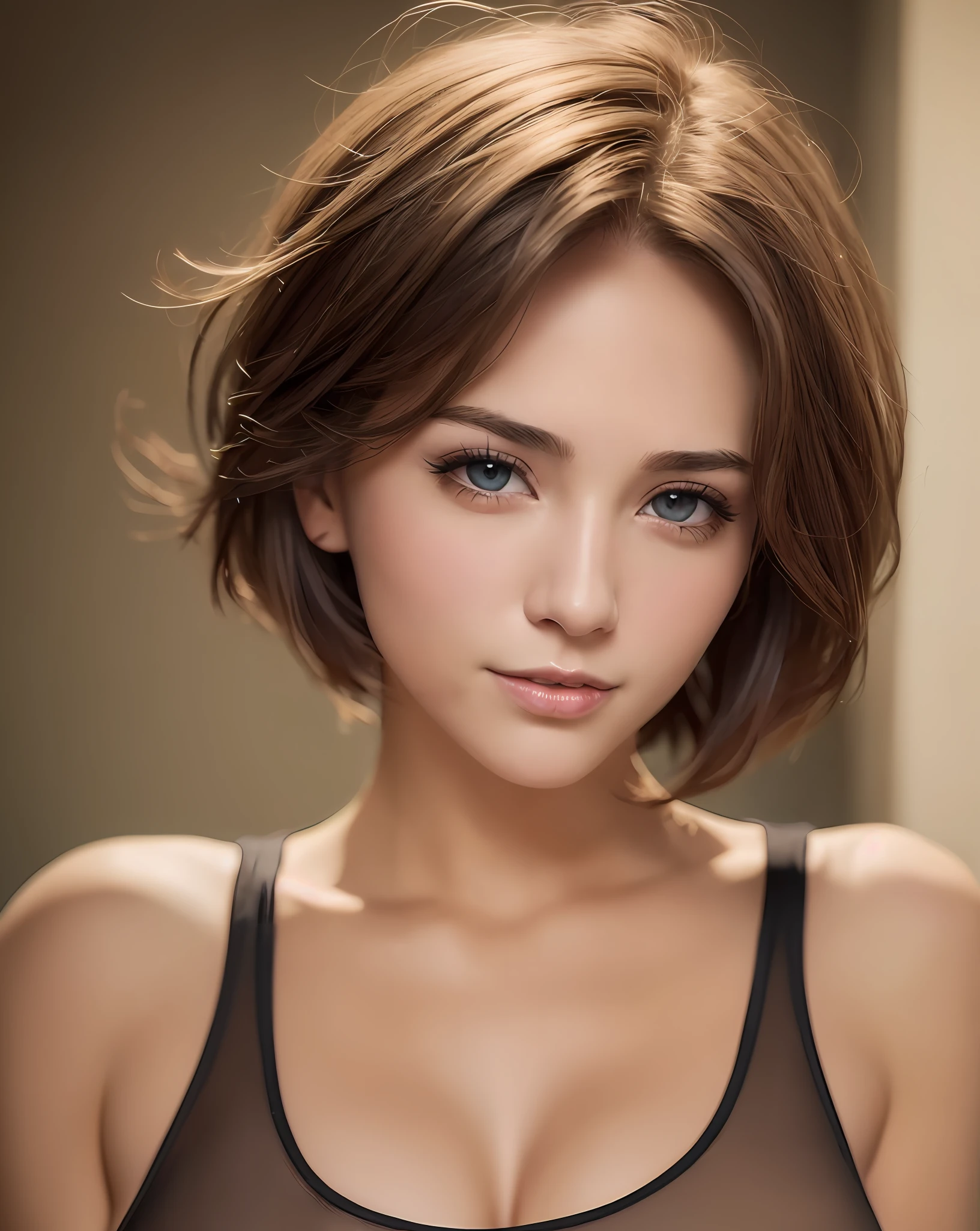 Top quality, ultra high resolution, (photorealistic: 1.4), beautiful eyes, super beautiful, short hair, beautiful breasts, lover, t-shirt with rough chest, eyes inviting viewer, lover's eyes, inviting facial expressions, sexy smile, perfect style, perfect balance, detailed skin, naughty eyes, chest visible