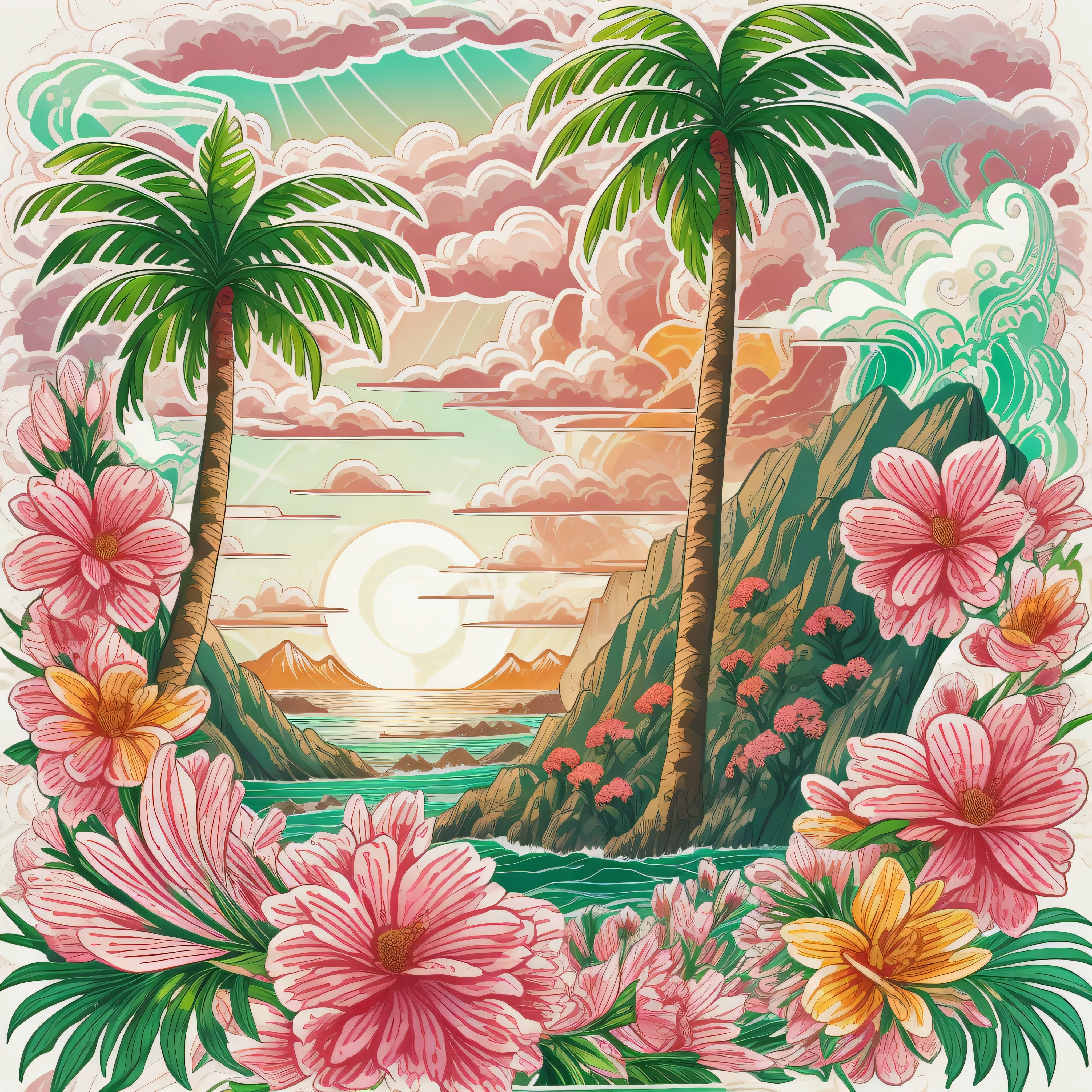 a sticker, artwork of t shirt graphic of majestic palm tree in digital painting style , beautiful flowers, sunrise mountains and clouds , big sea waves, water splashes, white background, colorful fantasy flower sorround, highly detailed clean, vector image, photorealistic masterpiece, professional photography, realistic, flat white background, isometric, vibrant vector, clipart, illustration, realism, 4k, , cinematic, front view, white backgroundPINK COLOUR