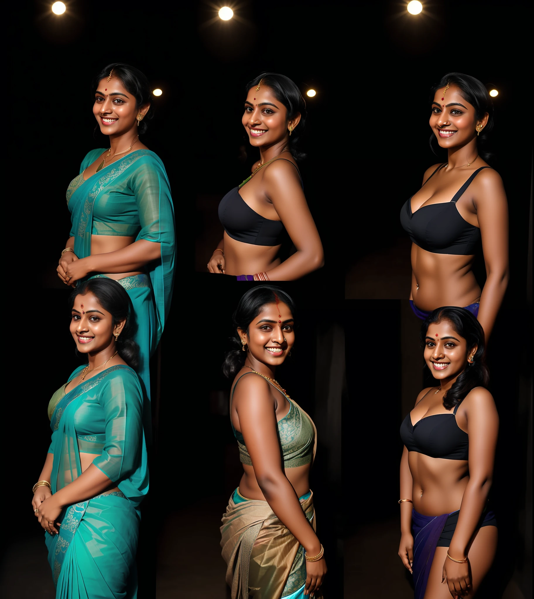 (Split screen),A Kerala woman wearing a saree, multiple (photographs of different angles:1.3), (photorealistic:1.2), bright lighting, outdoors,(dark skin:1.2), (busty, curvy:1.0), (anatomically correct:1.2), (head to toe in frame:1.3), (smiling:1.3), face visible in all photos
