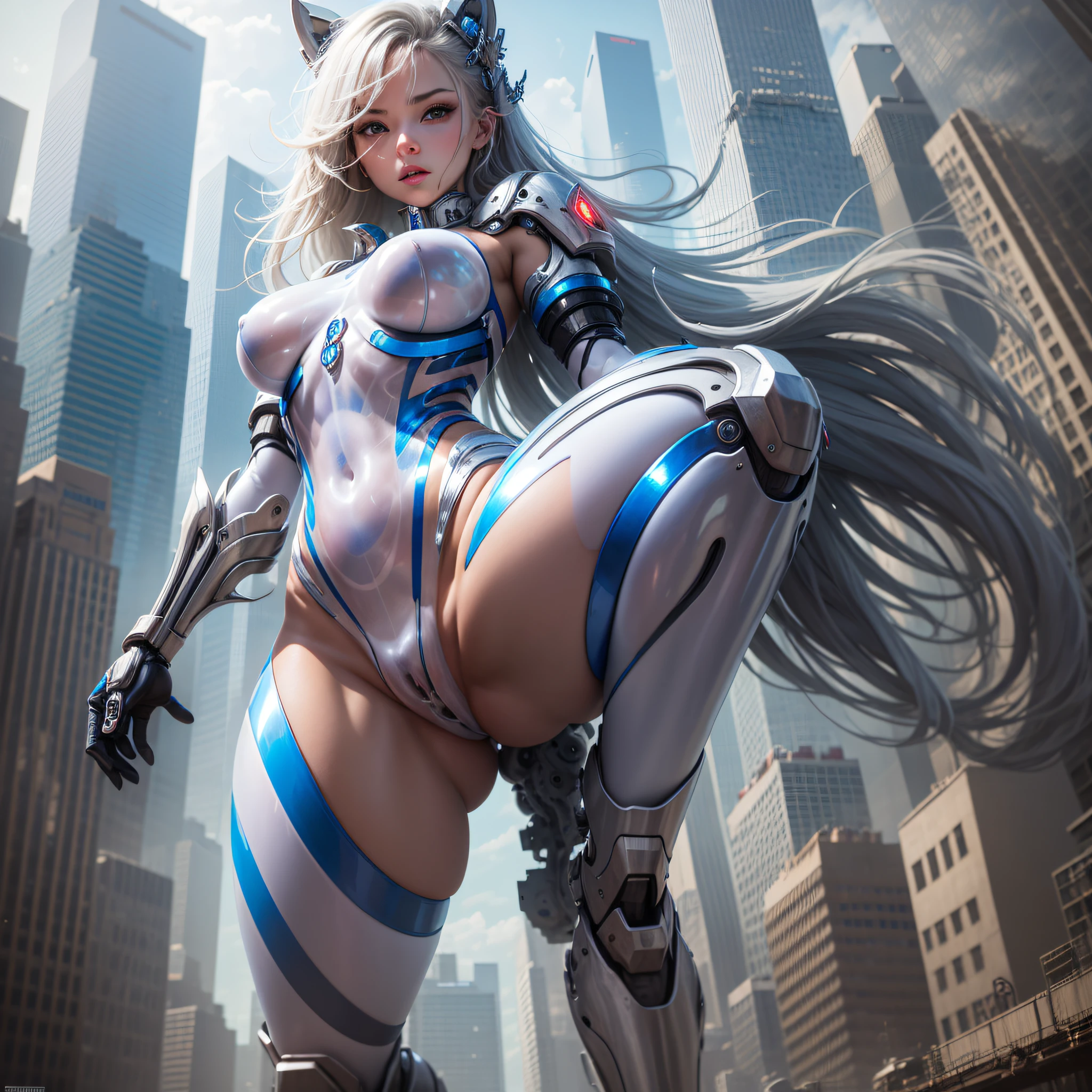 masterpiece, extremely detailed, best quality, 1girl, translucent skin, white bodysuit, mechanical, full body shot, city, from below, large breasts, bone, using red and blue metallic alloys
