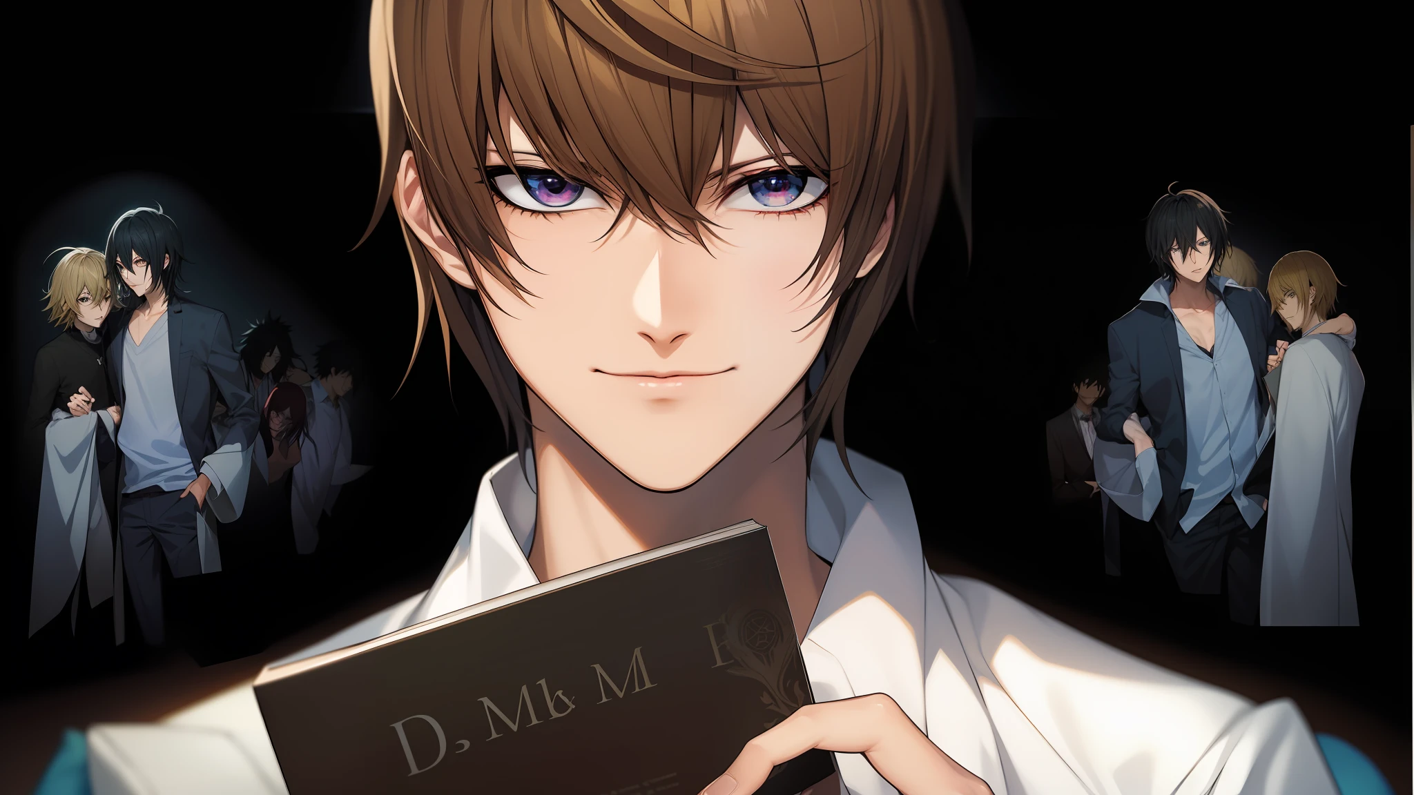 personagem de anime segurando um livro com um fundo assustador, Yagami Light, Nota de falecimento, Yagami Light, Estilo Death Note, Death Note , d & d, Shinigami, inspirado em Takeshi Obata, manga", Obra-prima do anime, anime, Anime japones, l · Lawliet, personagem de anime, em uma obra-prima de anime, anime-twitter