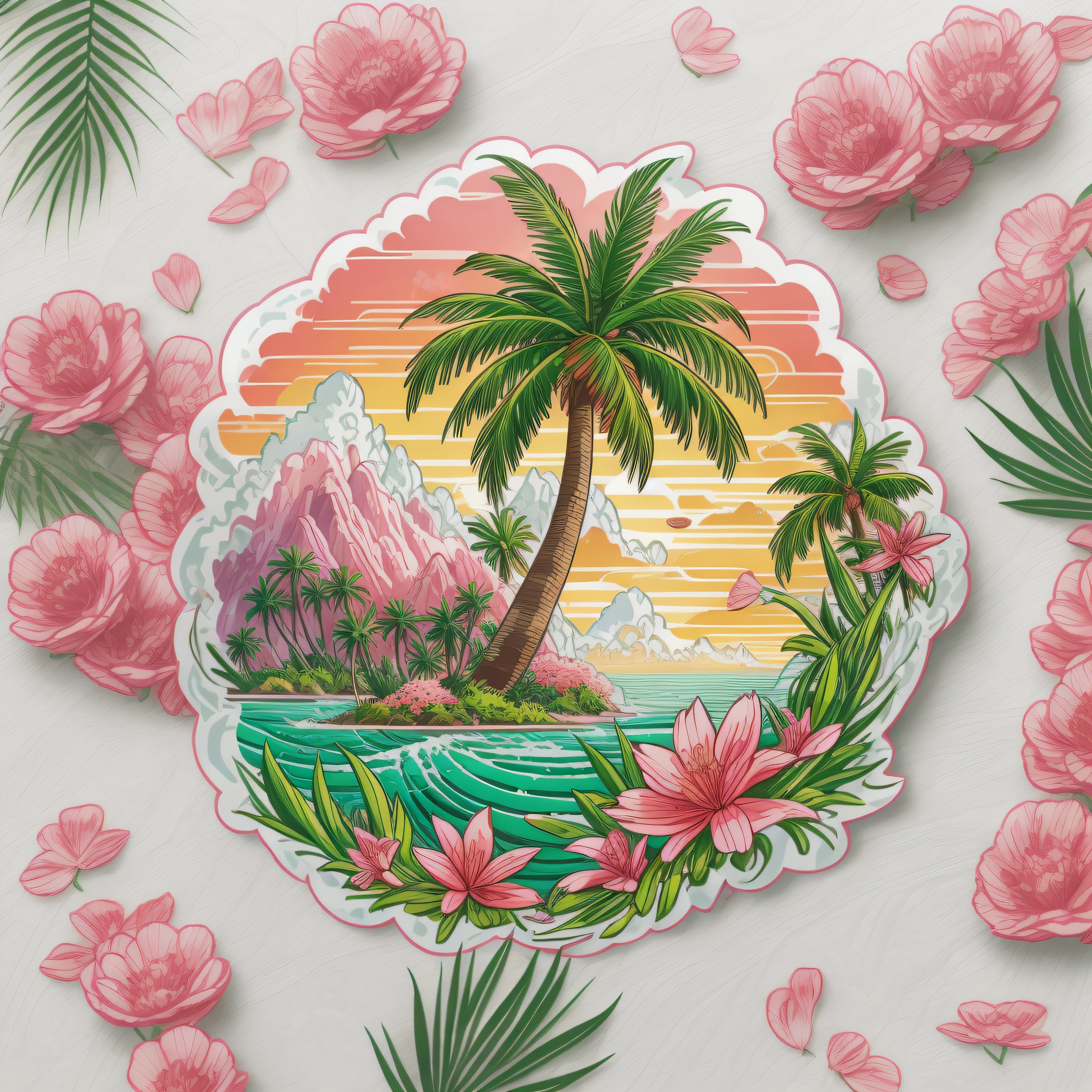 a sticker, artwork of t shirt graphic of majestic palm tree in digital painting style , beautiful flowers, sunrise mountains and clouds , big sea waves, water splashes, white background, colorful fantasy flower sorround, highly detailed clean, vector image, photorealistic masterpiece, professional photography, realistic, flat white background, isometric, vibrant vector, clipart, illustration, realism, 4k, , cinematic, front view, white backgroundPINK COLOUR