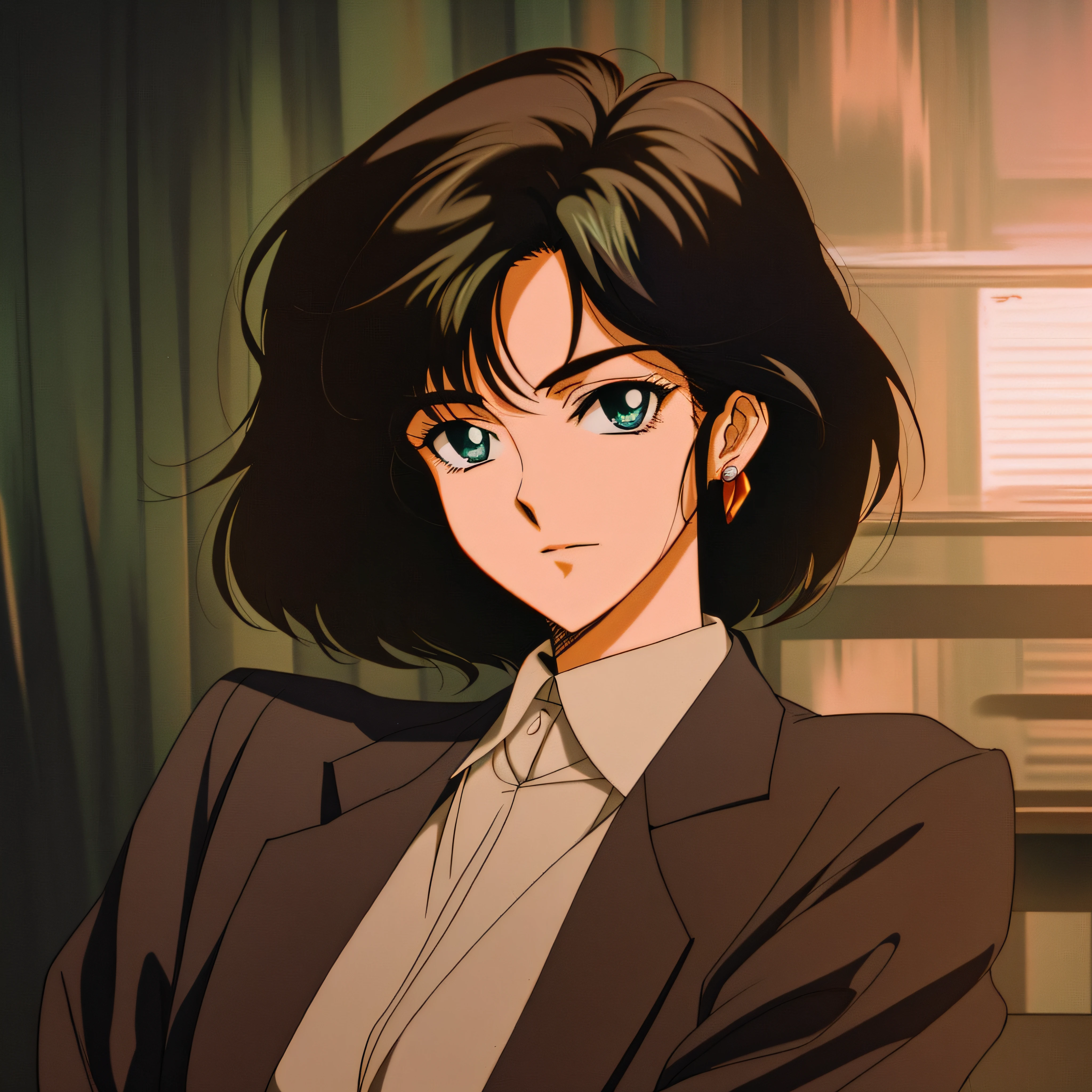 Anime image of a woman in a suit and tie, sitting in a chair, in the art style of 8 0 s anime, 8 0 s anime art style, 1980's anime style, fubuki, retro anime girl, 9 0 s anime art style, lofi portrait, 8 0 s in anime style, Retro anime image, As in the picture, green colored eyes, redhead hair