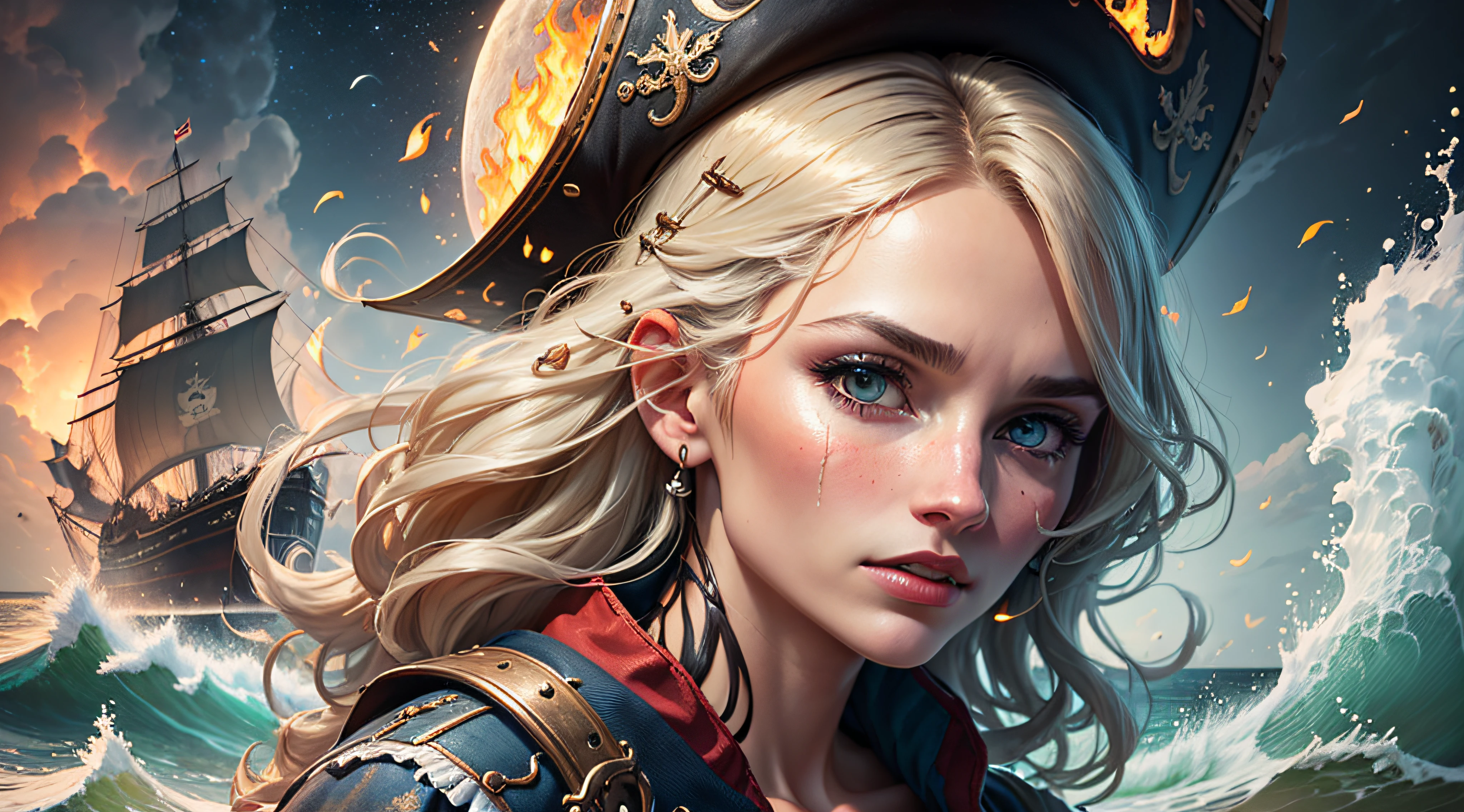 A pirate woman(Beautiful face)stood on a splint, and the sea was a raggedy pirate ship, full of fire, and the moon, and the waves, and the rain, (extremely detailed CG unified 8k wallpaper), highly detailed, masterpiece,  (HDR)(wallpaper) (Film lighting)(Sharp focus), (extremely detailed CG unity 8k wallpaper), (best quality)