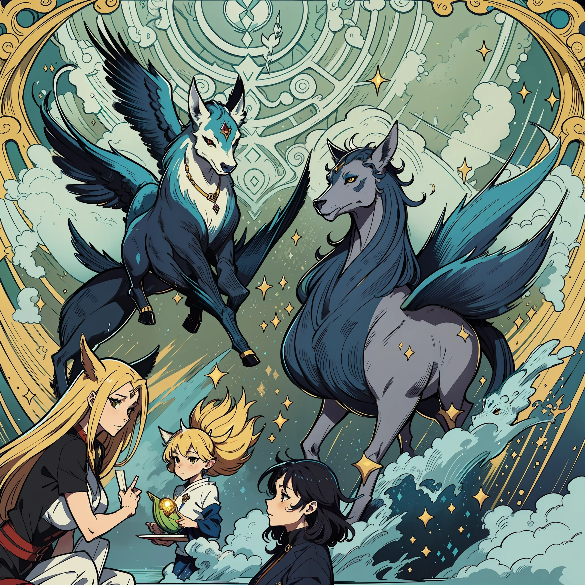 anime-style picture portraying a diverse gathering of mythical creatures, from majestic centaurs and wise sphinxes to playful kitsune and mischievous goblins, convening at a grand mythical summit. Show them coming together to discuss important matters that impact the realms of both humans and magical beings