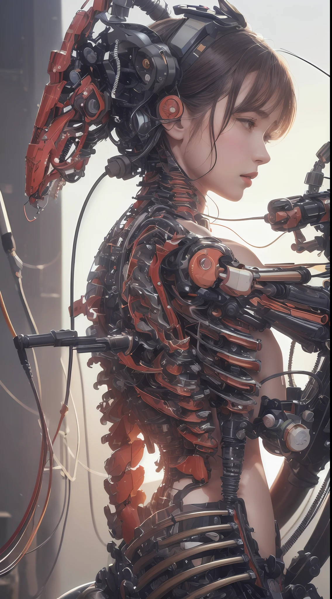 (masterpiece, top quality, best quality, official art, beautiful and aesthetic:1.2), 1girl,solo, extreme detailed,colorful,highest detailed ((ultra-detailed)), (highly detailed CG illustration), ((an extremely delicate and beautiful)),(from side),cinematic light,((1mechanical girl)),solo,full body,(machine made joints:1.2),((machanical limbs)),(blood vessels connected to tubes),(mechanical vertebra attaching to back),((mechanical cervial attaching to neck)),(sitting),expressionless,(wires and cables attaching to neck:1.2),(wires and cables on head:1.2)(character focus),science fiction,white background, blood