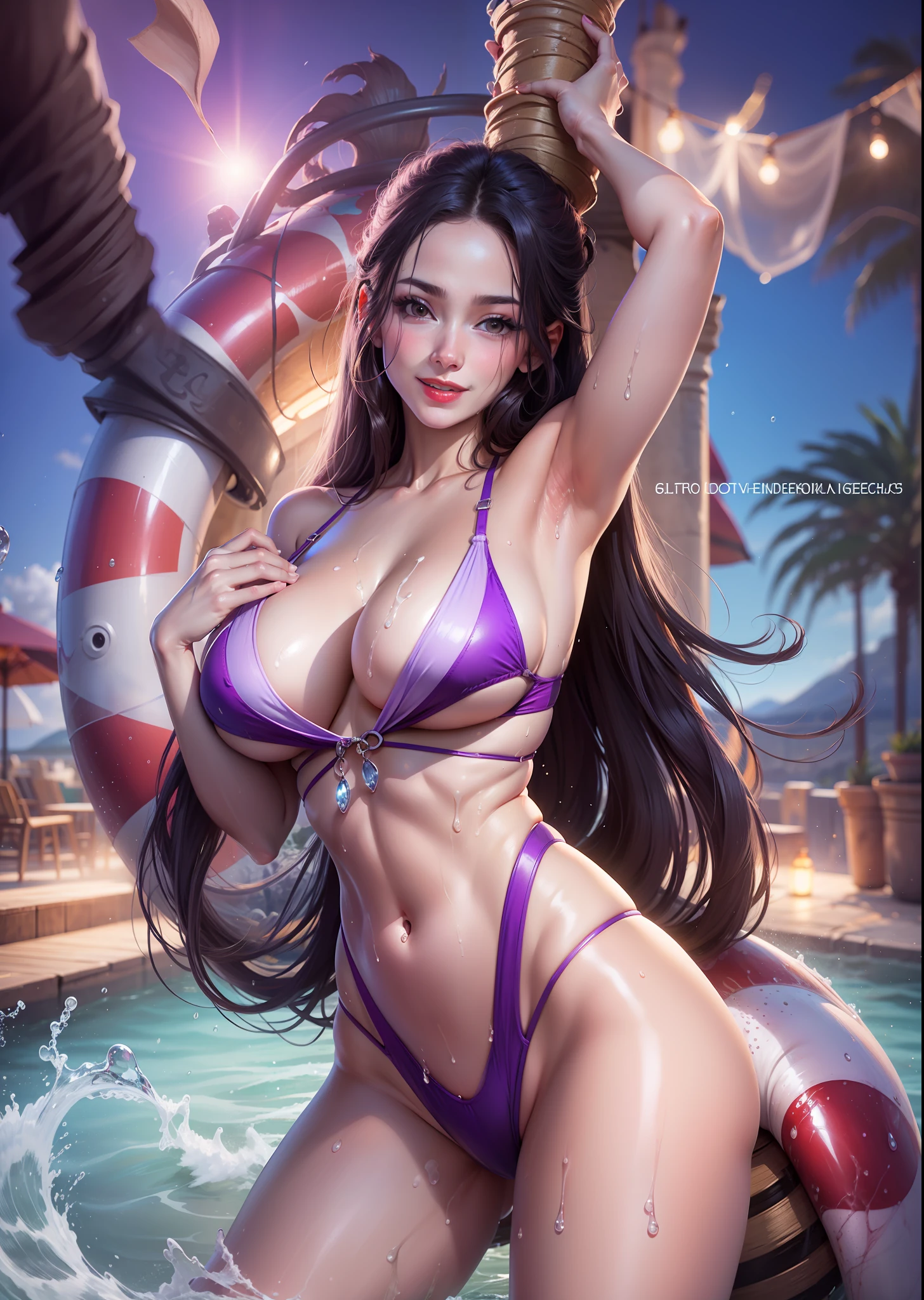 Amazing woman with purple bikini in the sea, transparent bikini, right hands holdings her breast, big breast, pink nipple,red lips, smile, long hair, Glowing skin, Wet, sensual pose, Horny, big ass, amazing, 8K quality, ultra realistic, high Pixels, Raw photo, One piece, Boa Hancock,