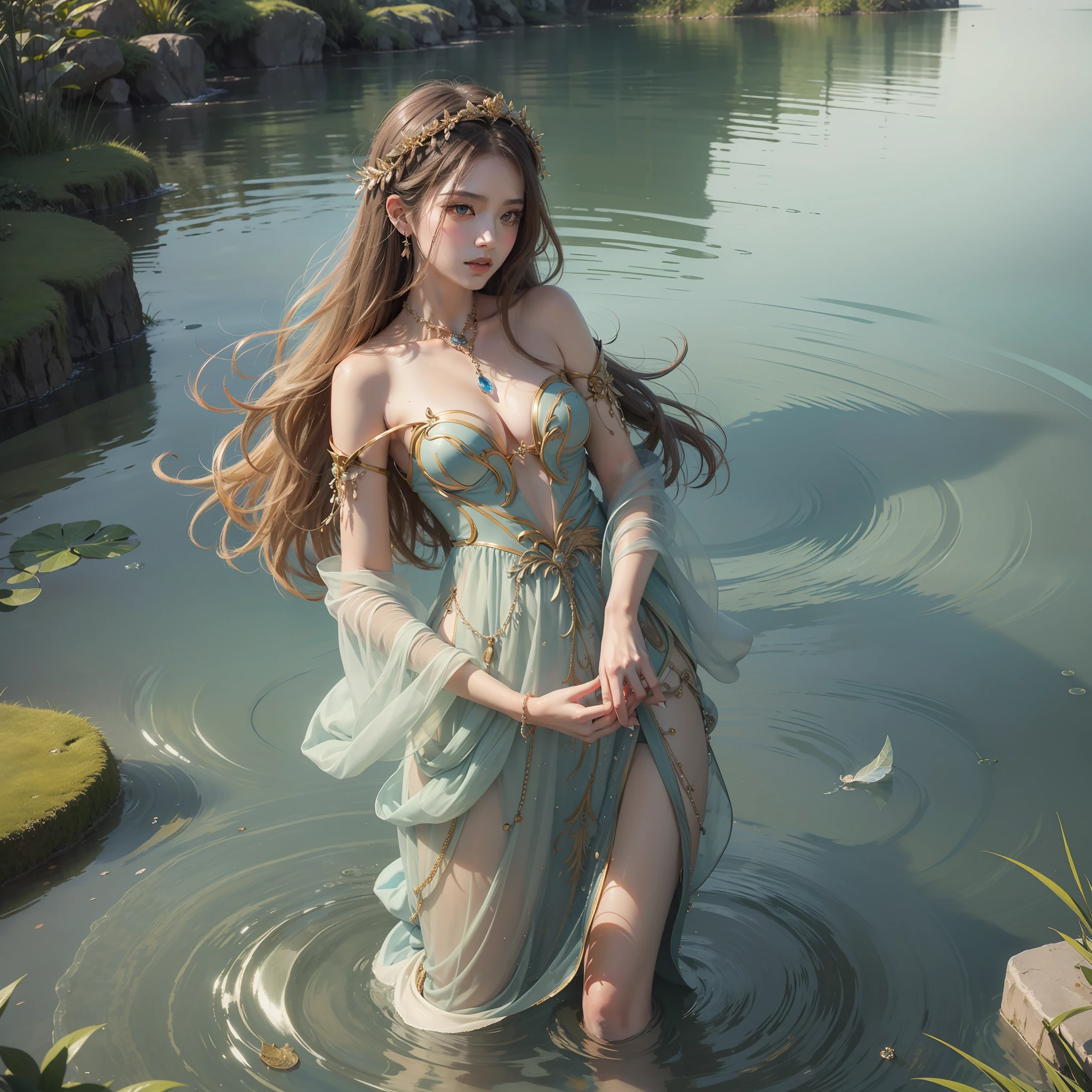 Official art、masterpiece、Extremely delicate modeling、top-quality、Photorealsitic、8k picture、hiquality、Goddess-like woman standing on the surface of the water、Fantasia、Ripples on the surface of the water、Perfect Style、Soft expression、Bewitching dresses