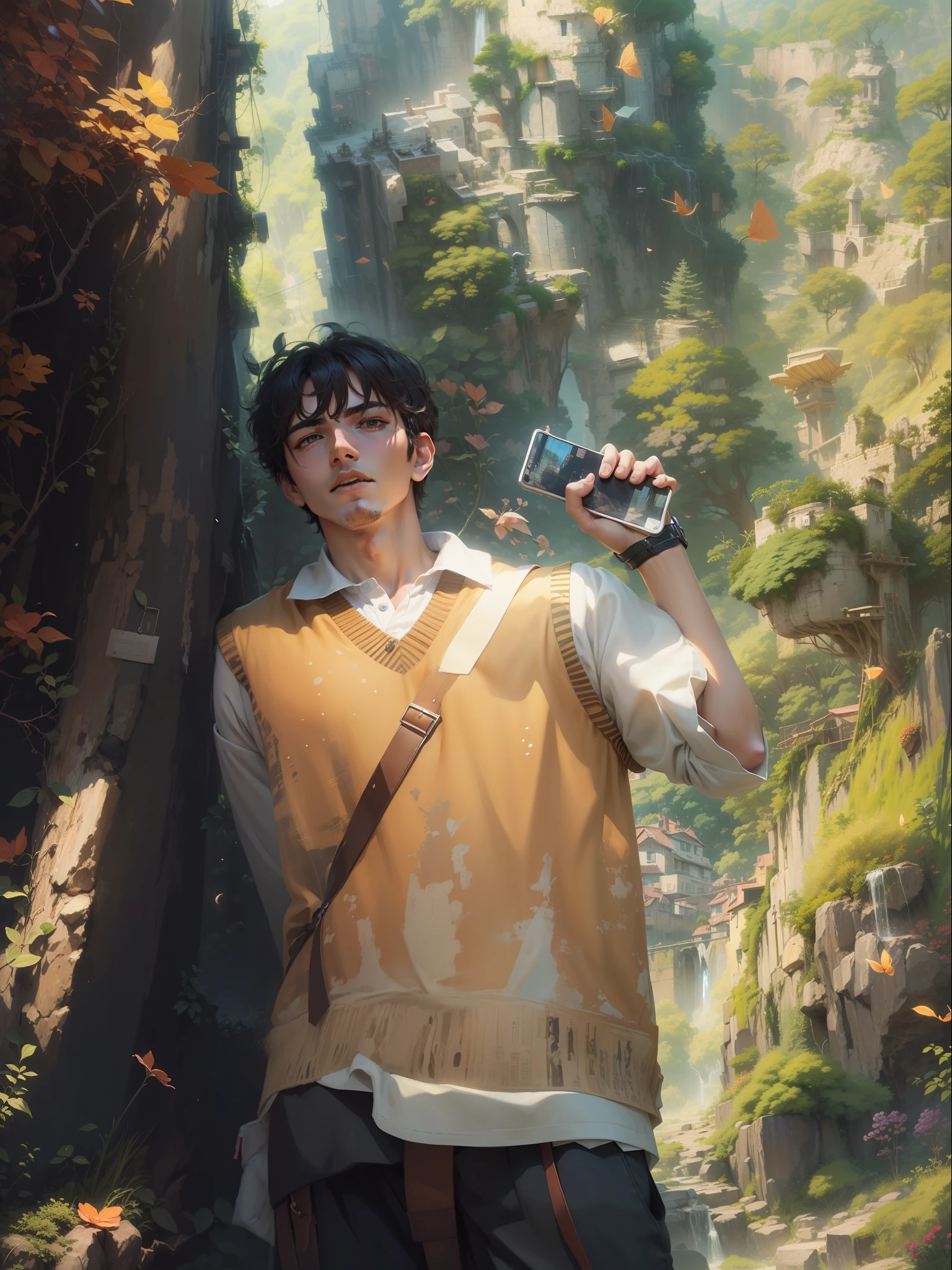 hyper HD，top Quority，8k wallpaper，Ghibli movie scenes，Dreamy and Delicate，Unique illustration，Clear details，Wide field of view，Artistic landscape，Soft light and shadow，Handsome boy，Anime male protagonist，whaite hair，no facial hair。