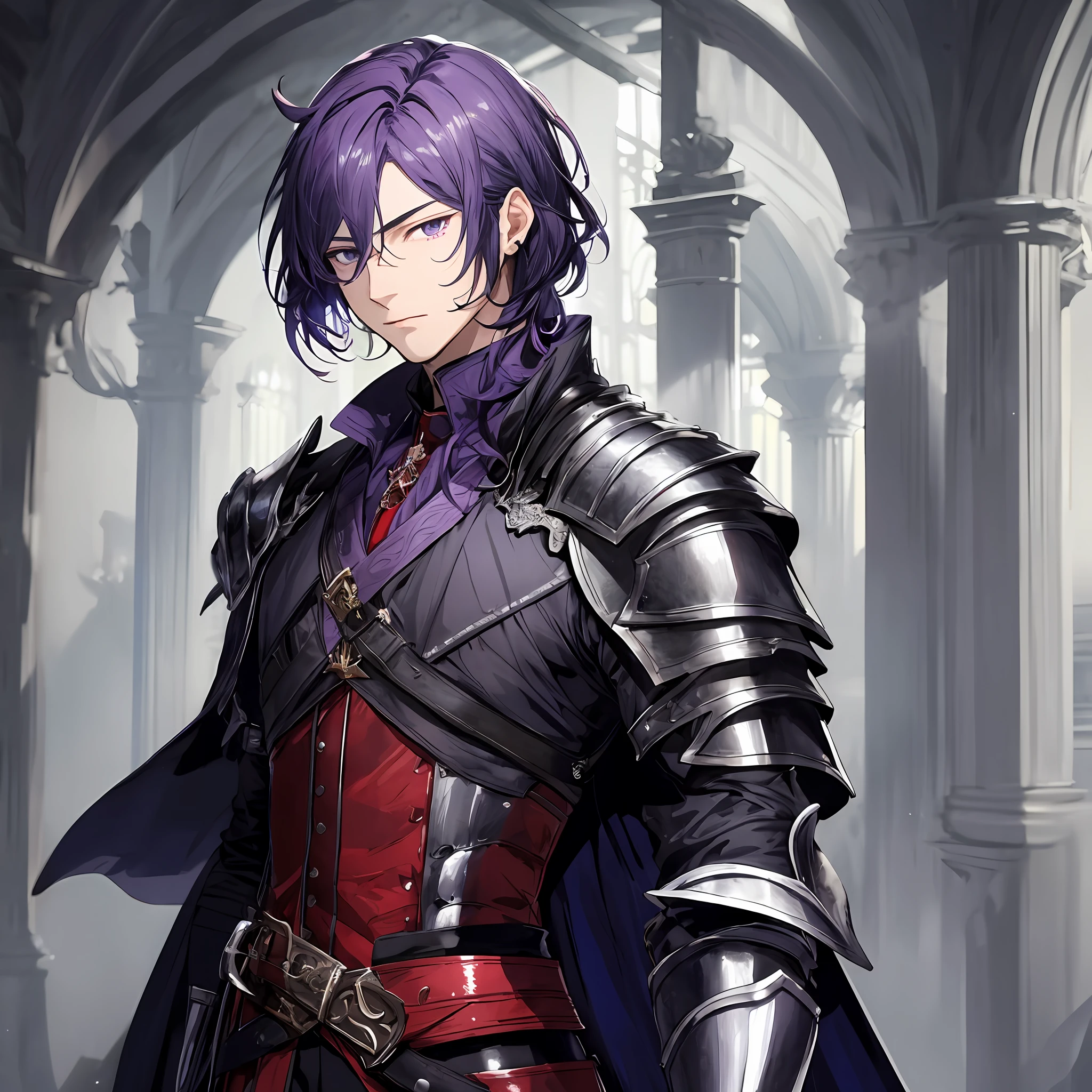 masterpiece, best quality, 1man, adult, male focus, solo, medium hair, black purpleish hair, vibrant black eyes, looking at viewer, cape, High quality metal texture, overcoat, closed mouth, upper body, bangs, high collar,(kbxll:0.6), Fantasy aesthetics, Highly detailed, shadowverse style, armored gloves, metallic gloves