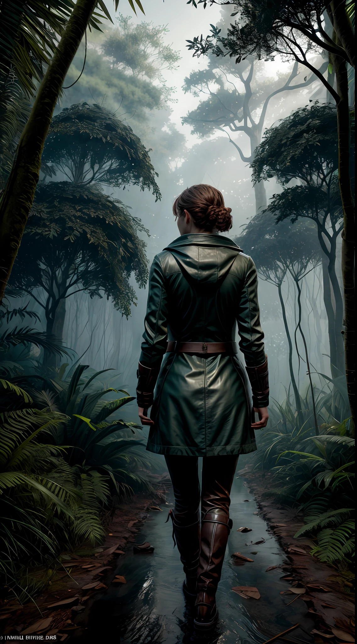 A girl in adventure costume walking in a dark misty jungle,from behind ,giant leafy trees, green big leaf, vine and tall grass, dark green, scary atmosphere, wet tree and ground, insects, horror film style, BREAK,Detailed,Realistic,4k highly detailed digital art,octane render, BREAK 8K resolution concept art, realism,by Mappa studios,masterpiece,best quality,official art,illustration,ligne claire,(deep dark color),perfect composition,absurdres, fantasy,focused,rule of third