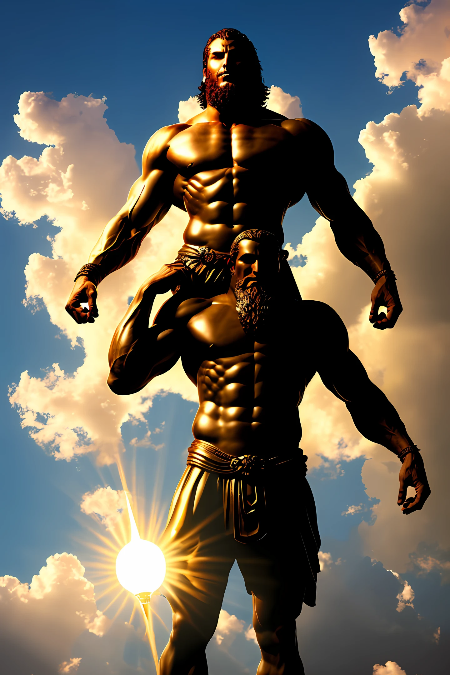 giant god with open arms on a cloud, and a light that covers his face