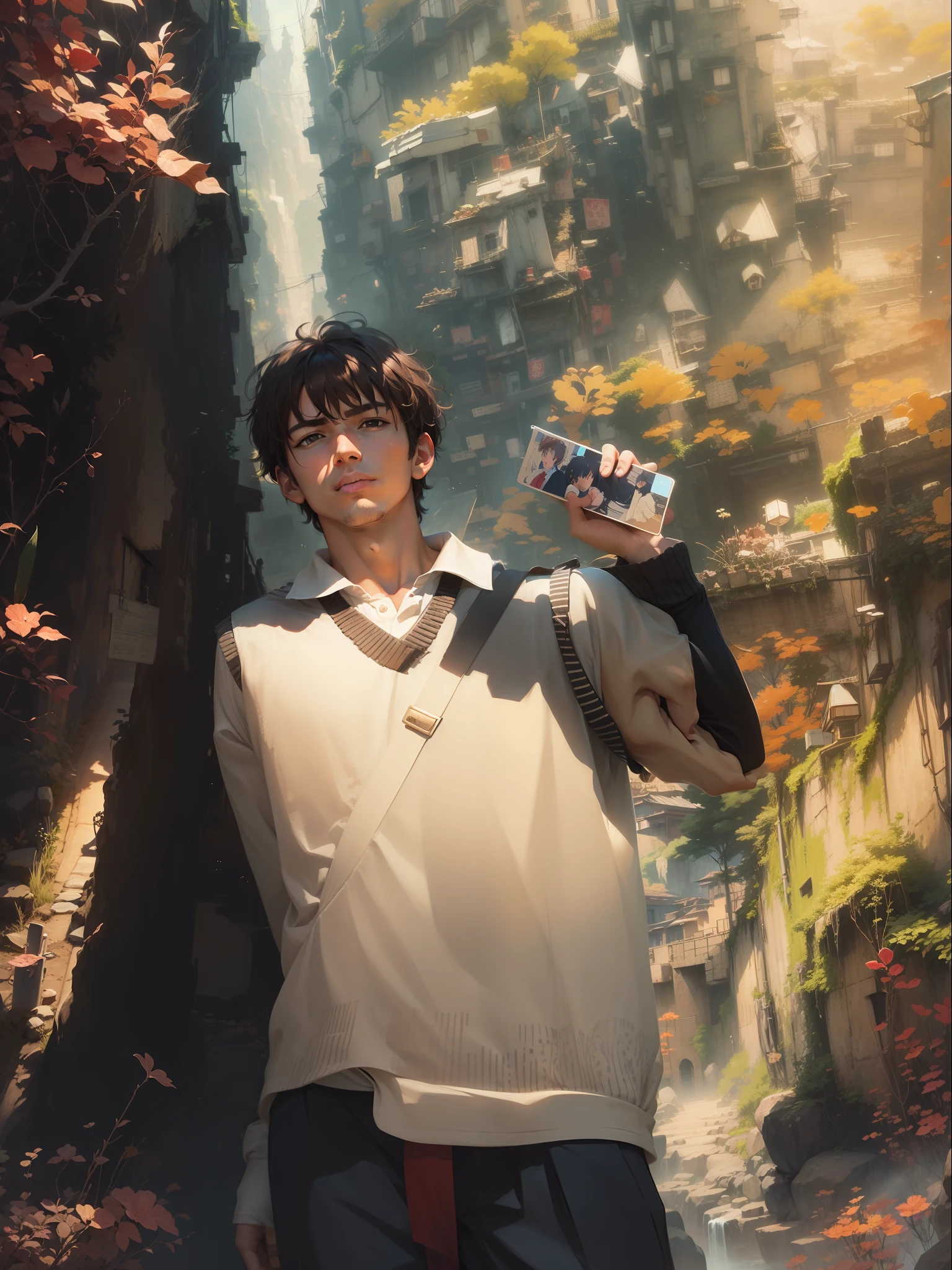 hyper HD，top Quority，8k wallpaper，Ghibli movie scenes，Dreamy and Delicate，Unique illustration，Clear details，Wide field of view，Artistic landscape，Soft light and shadow，Handsome boy，Anime male protagonist，whaite hair，no facial hair。