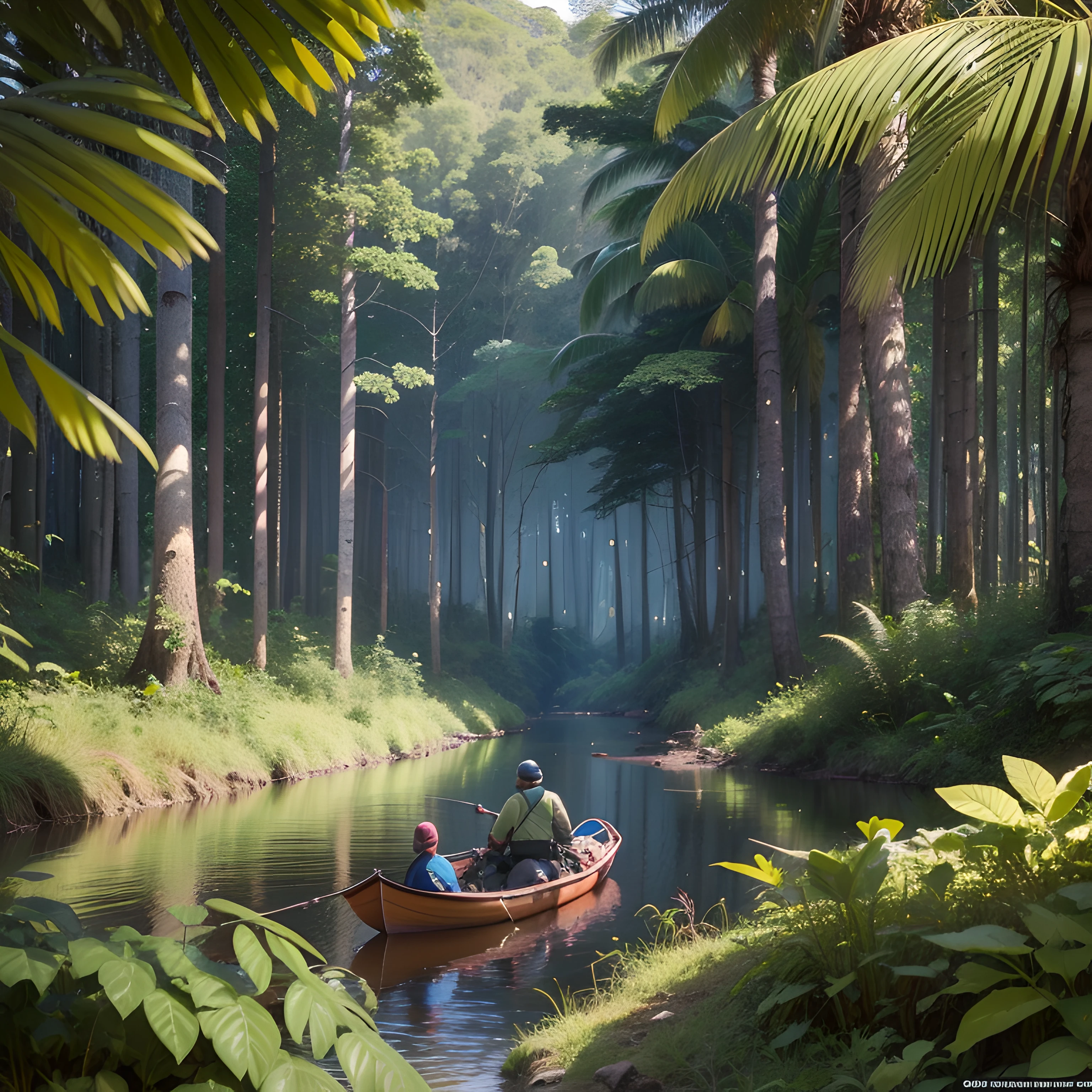 An anaconda meanders through the thick vegetation of a dense jungle on the banks of the Amazon River, Stalking brave explorers who have pitched their tent in a small clearing in the jungle. fotorrealista, 64k.