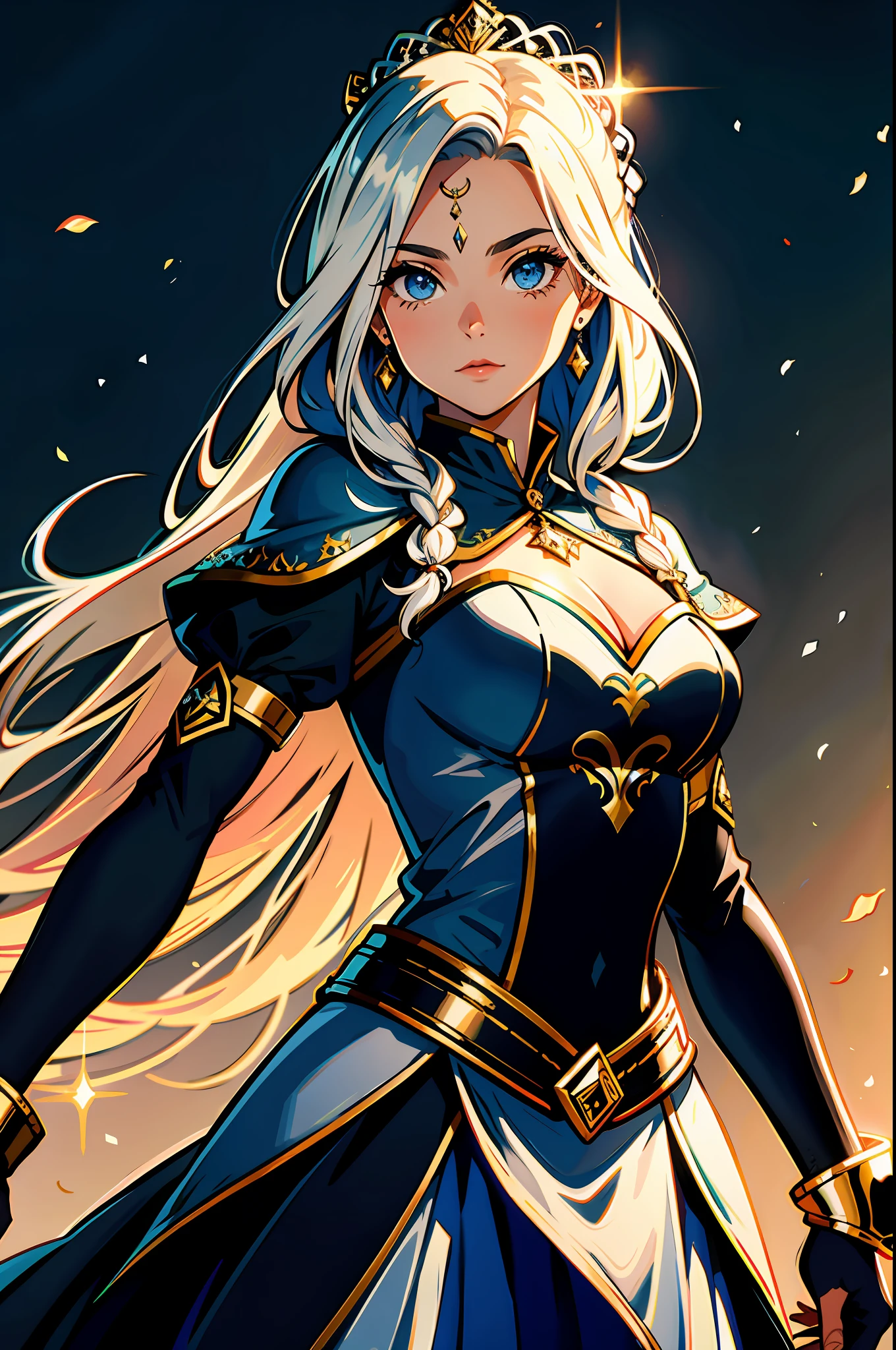 uma garota, princesa guerreira, armadura leve,cabelo claro, cabelo loiro, usuaria de katana, ornamento de cabelo, cabelo amarrado, ombros nus, melhor qualidade, solo, 1girl, cinematic lighthing, fundo detalhado, belos olhos detalhados, pupilas brilhantes, cabelos brilhosos.