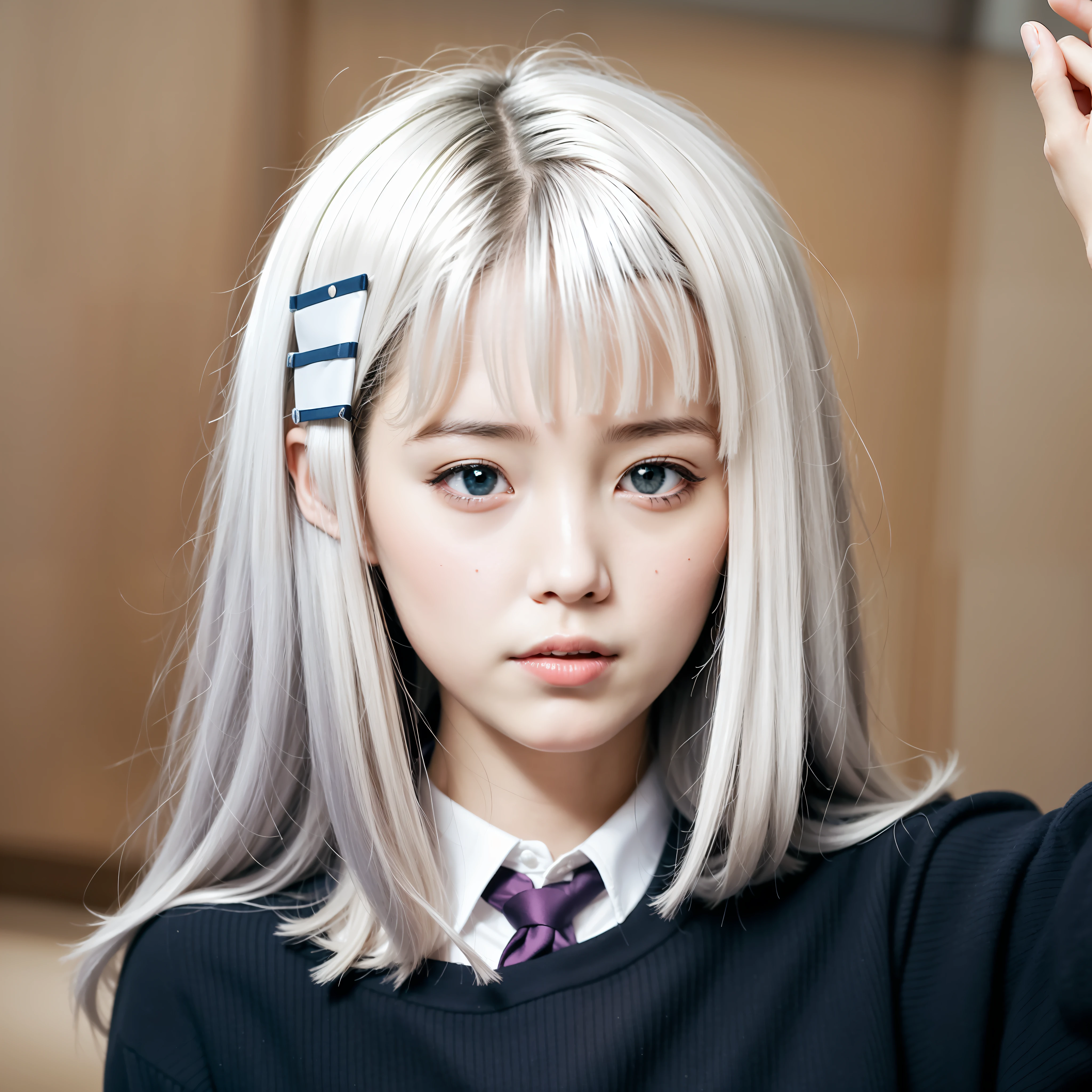 1girl, Tobiichi Origami, school uniform, silver hair, short hair, hairpin