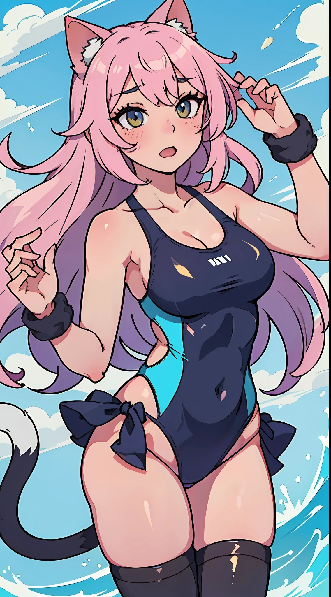 "Dynamic pose of a person with oil-slicked skin, sporting a string swimsuit, and boasting flowing hair. Thigh-high stockings, an Ahegao expression, and blushing and cat ears."