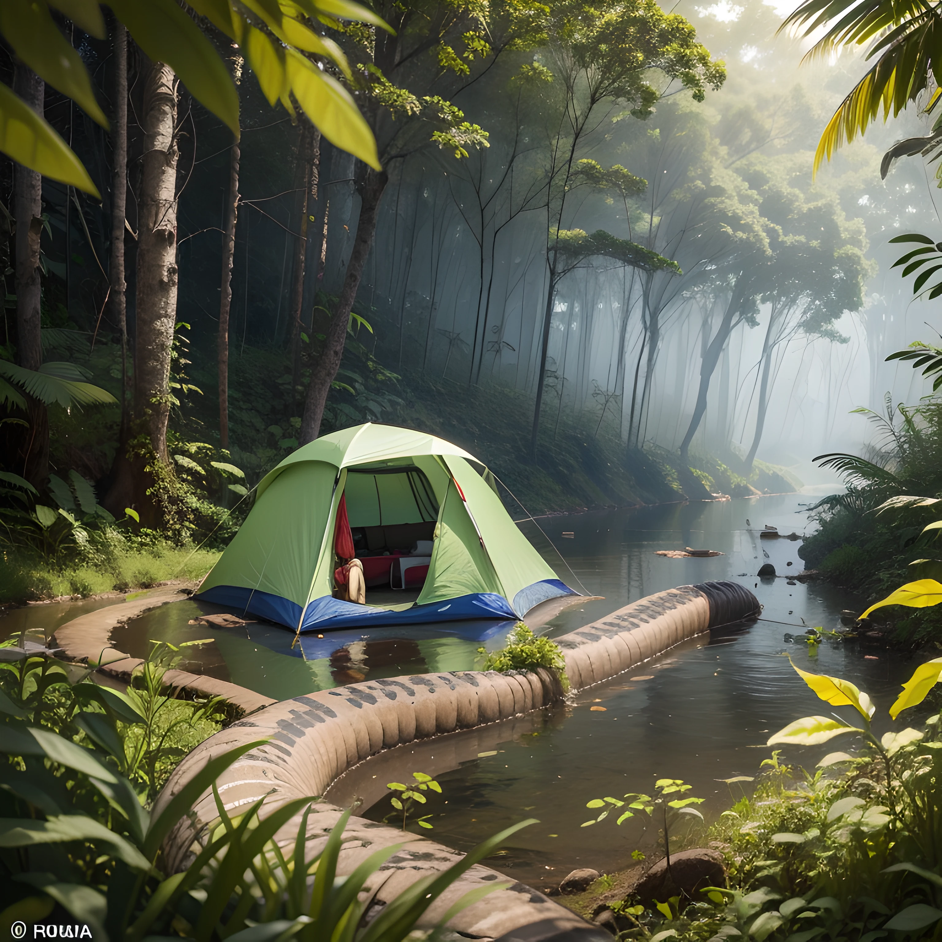 An anaconda meanders through the thick vegetation of a dense jungle on the banks of the Amazon River, Stalking brave explorers who have pitched their tent in a small clearing in the jungle. fotorrealista, 64k.