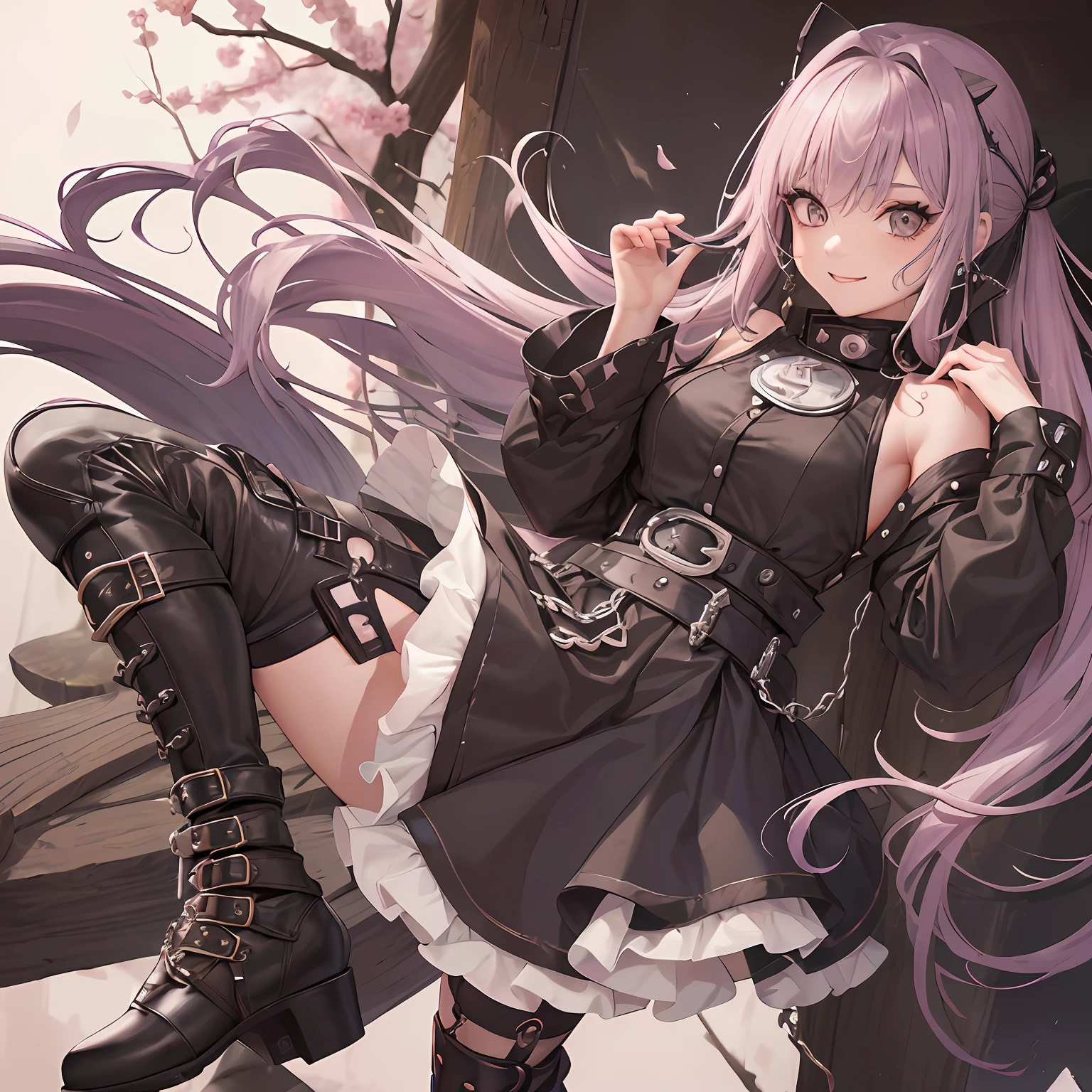 Top quality、extremelydelicateandbeautiful、((A girlis)、11 Jahre alt、(DUNKLES Haar)、Gray clothes with vertical buttons、Belt at the waist、grauer Minirock、((poneyTail))、(rotes Haarband)、(braune Stiefel)、Rotäugig、stehend、a Hinata-Naruto-Sakura-style smile