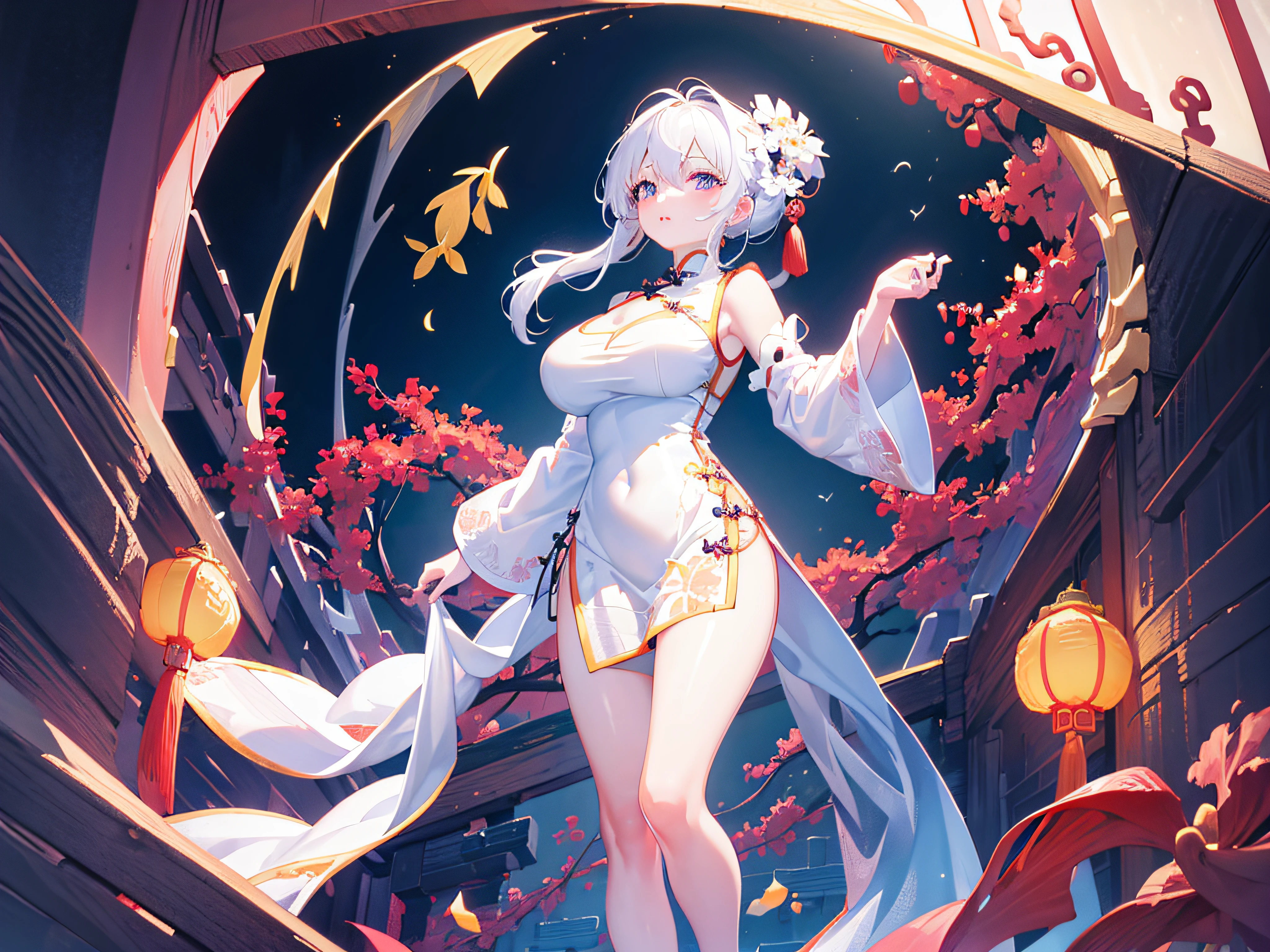 【(white background:1.5)::5】, (mid shot:0.95), (full body:1.25), Dynamic angle, 【Bottle bottom】,(fisheye:1.4), (falt color:1.3),colorful,(masterpiece:1,2), best quality,extremely detailed cg 8k wallpaper,best quality, masterpiece, highres, original, extremely detailed wallpaper, (solo:1.5),Detailed and baeutiful face,
1girl,solo,white hair,purple eyes, bare shoulders,big breasts,looking at viewer, (china dress:1.5),cleavage, (standing:1.3),outdoors,