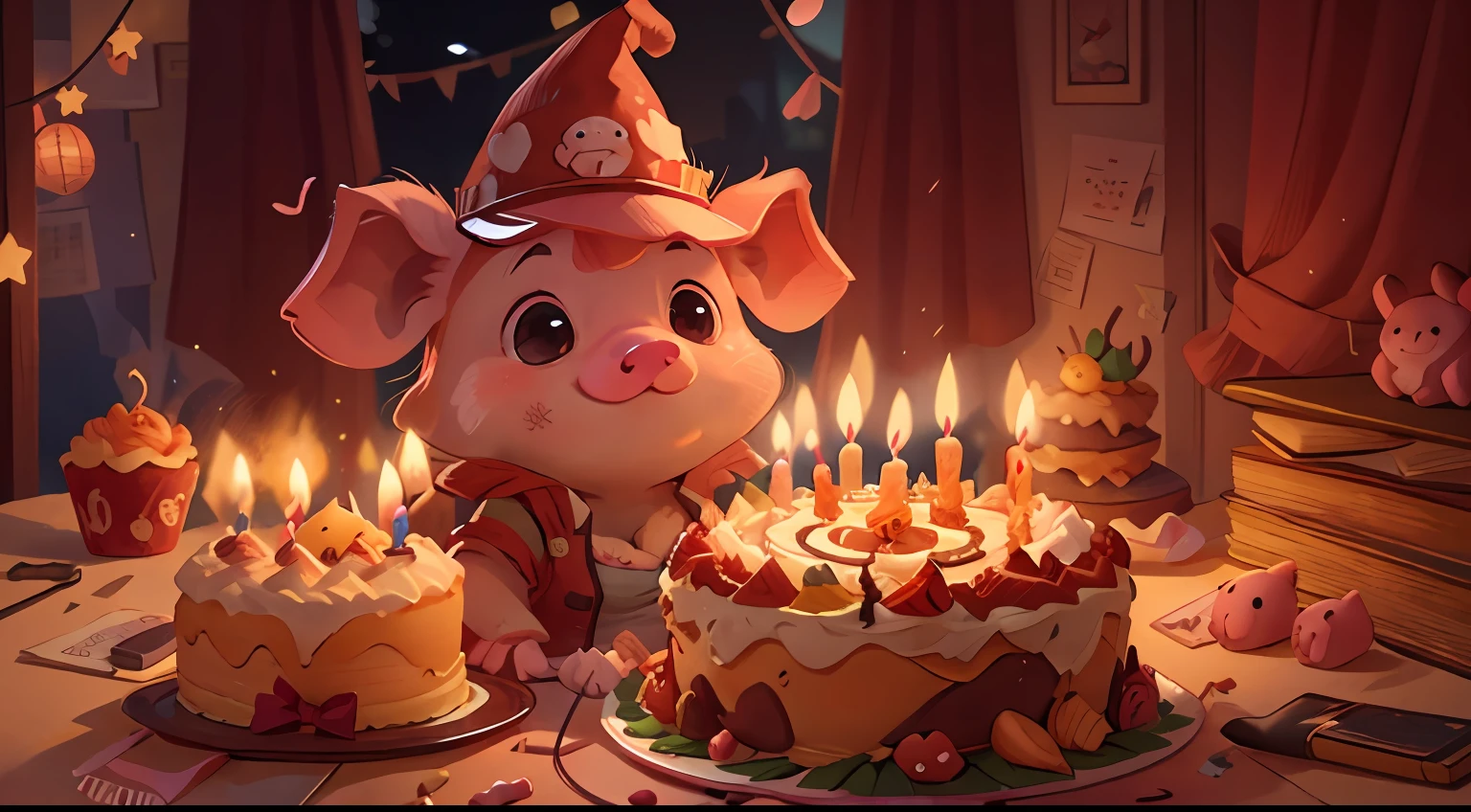 k hd, Lots of detail[Cute piglet wearing a red hat], At night, has cleavage[The birthday cake, Candles and balloons]The warm lights illuminate the room.