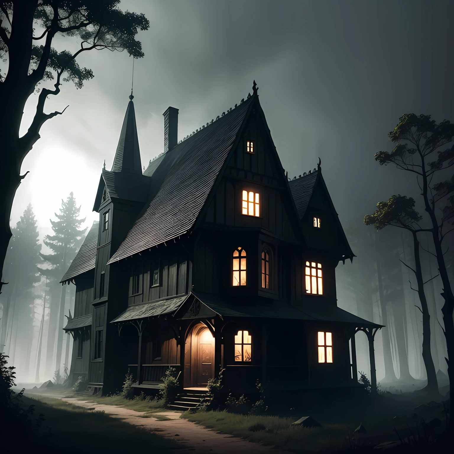 Medieval Gothic witch house in the middle of a gloomy forest at night with dimly lit --auto