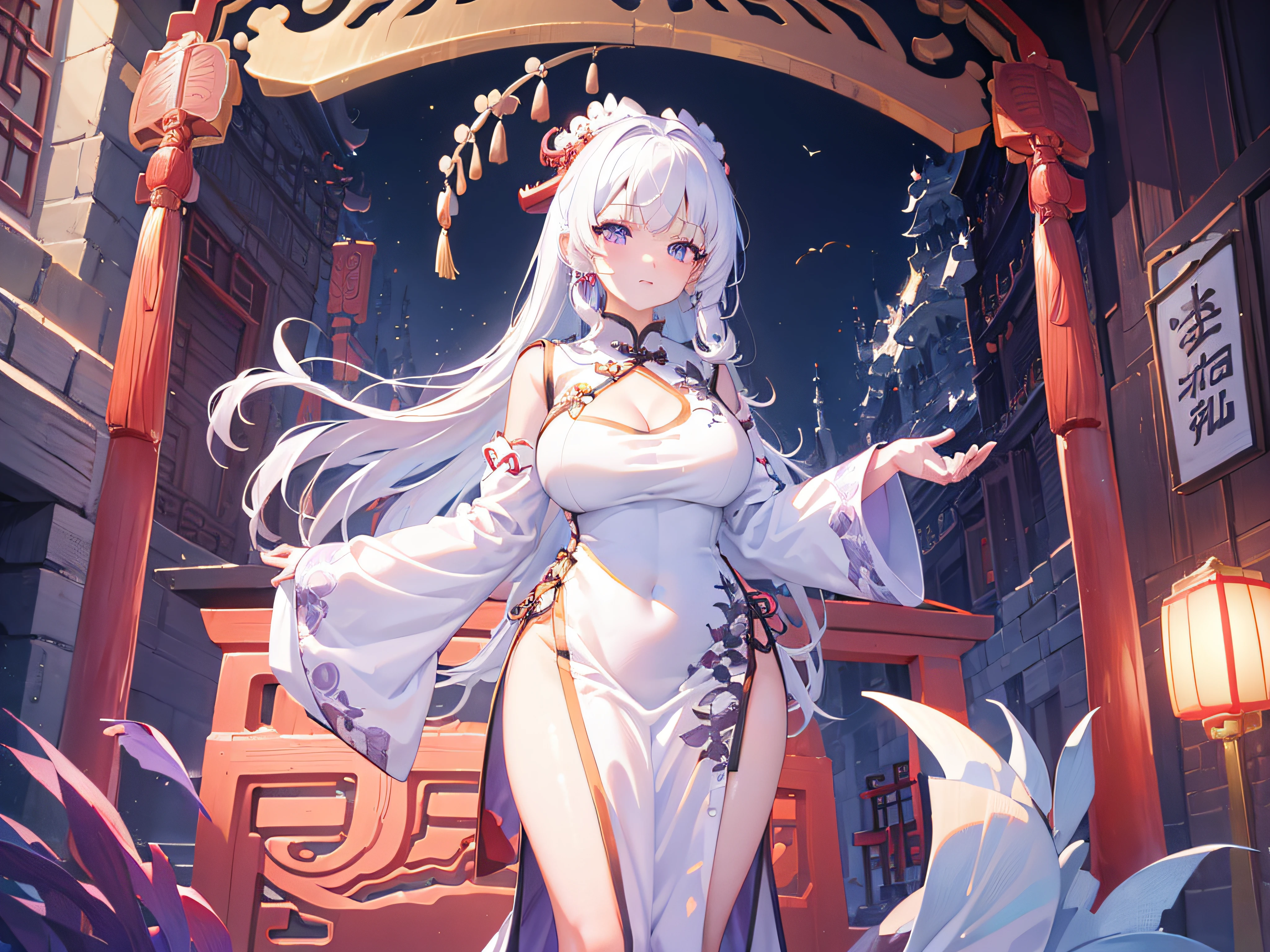 【(white background:1.5)::5】, (mid shot:0.95), (full body:1.25), Dynamic angle, 【Bottle bottom】,(fisheye:1.4), (falt color:1.3),colorful,(masterpiece:1,2), best quality,extremely detailed cg 8k wallpaper,best quality, masterpiece, highres, original, extremely detailed wallpaper, (solo:1.5),Detailed and baeutiful face,
1girl,solo,white hair,purple eyes, bare shoulders,big breasts,looking at viewer, (china dress:1.5),cleavage, (standing:1.3),outdoors,
