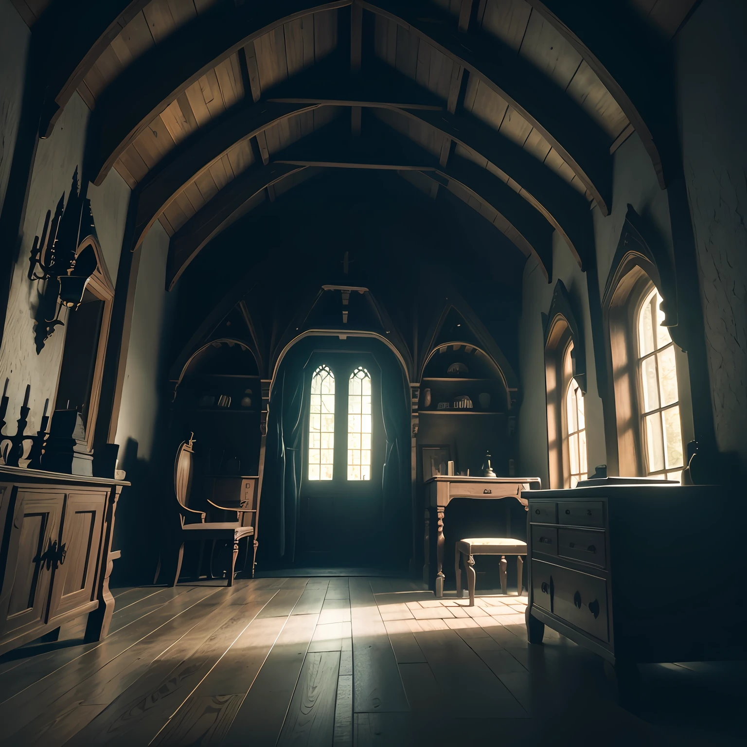 Interior of the medieval Gothic witch's house in the middle of a shadowy forest at night with dimly lit