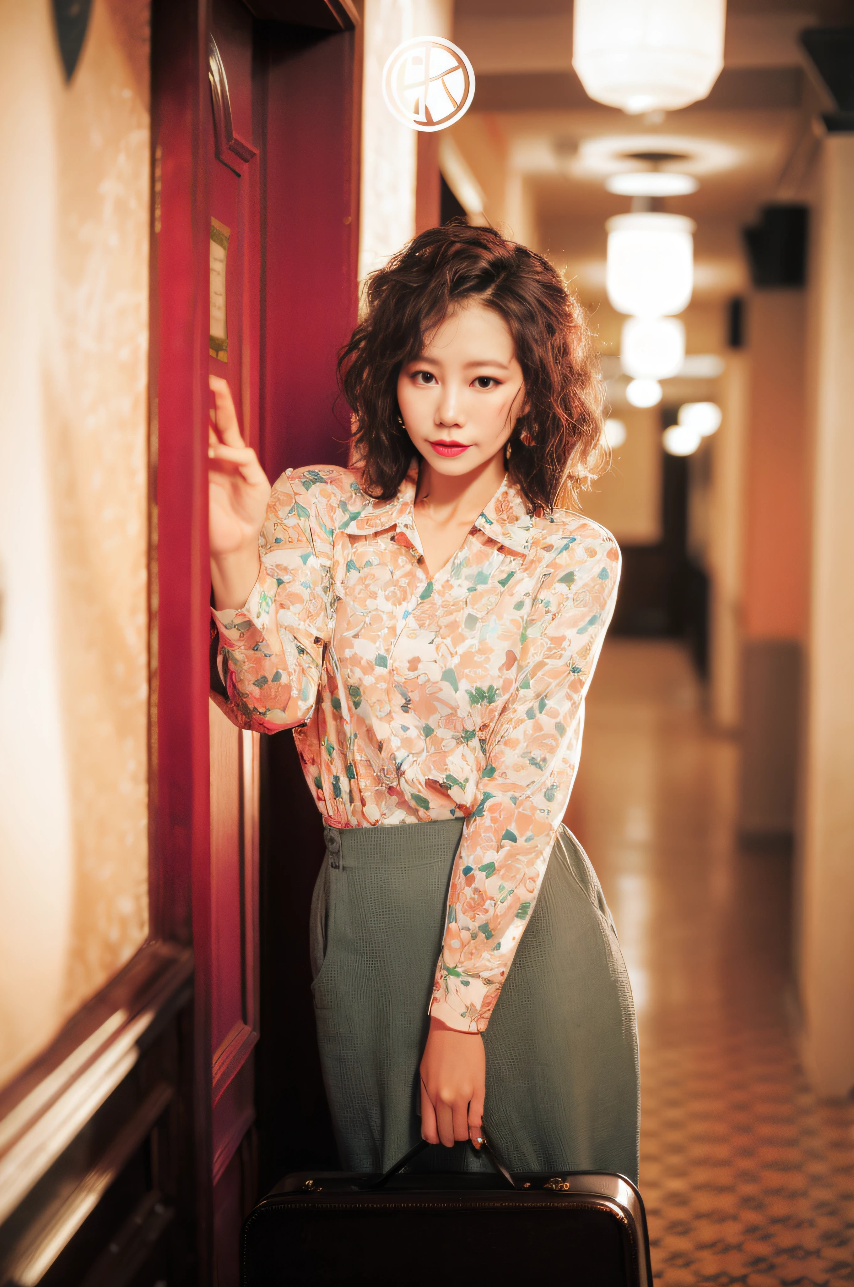 A woman stood in the hallway,Carrying a suitcase, Li Bingbing, korean women's fashion model, kiko mizuhara, inspired by Tang Sin Yun Sandara, Fan Bingbing, photoshoot, Gorgeous lady, mid shot portrait, with short hair, promo shot, female actress from korea, portrait shooting, author:Tang Xianyun Sundara, sun yunjoo