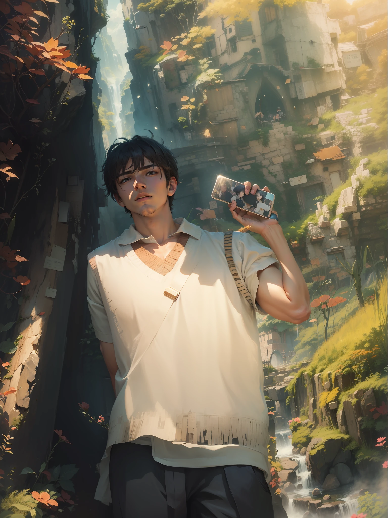 hyper HD,top Quority,8k wallpaper,Ghibli movie scenes,Dreamy and Delicate,Unique illustration,Clear details,Wide field of view,Artistic landscape,Soft light and shadow,Handsome boy,Anime male protagonist,whaite hair,no facial hair。
