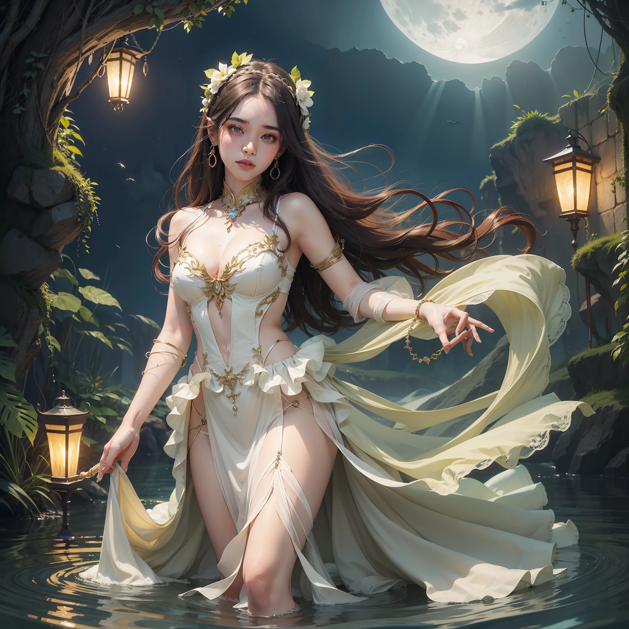 Official art、​masterpiece、Extremely delicate modeling、top-quality、Photorealsitic、8k picture、hiquality、Goddess-like woman standing on the surface of the water、Fantasia、Ripples on the surface of the water、Perfect Style、Soft expression、Bewitching dresses、Illuminated by a moonlit night