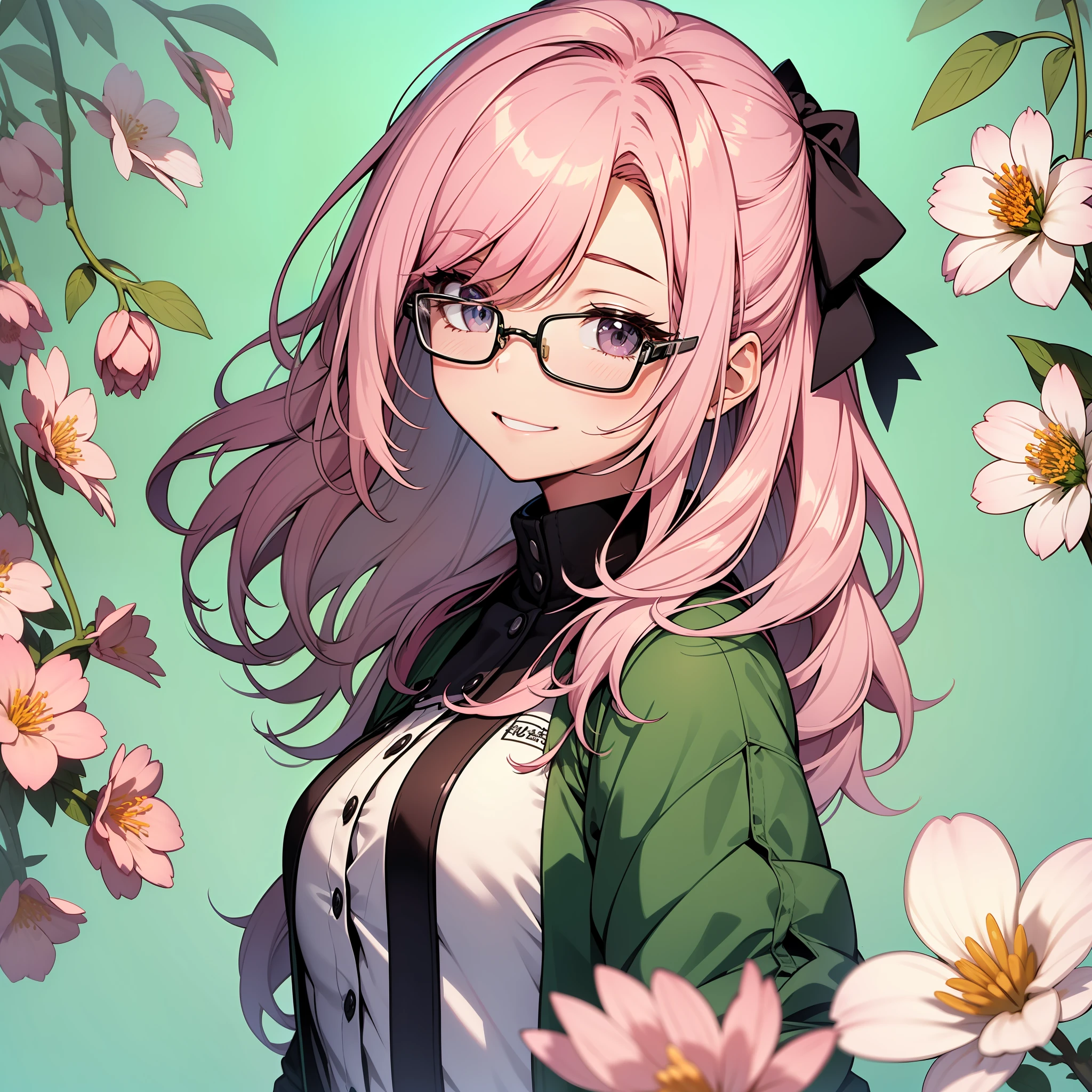 line-drawing,Pastel tones,Highest Quality,​masterpiece(high), thick outline,Rimless glasses, Petite girl,Punipuni, Pink hair color, Shiny hair,Bright background,laugh,uniform, Idol,Bright background,Fresh Green Tree々a backdrop of, Background of blooming flowers,