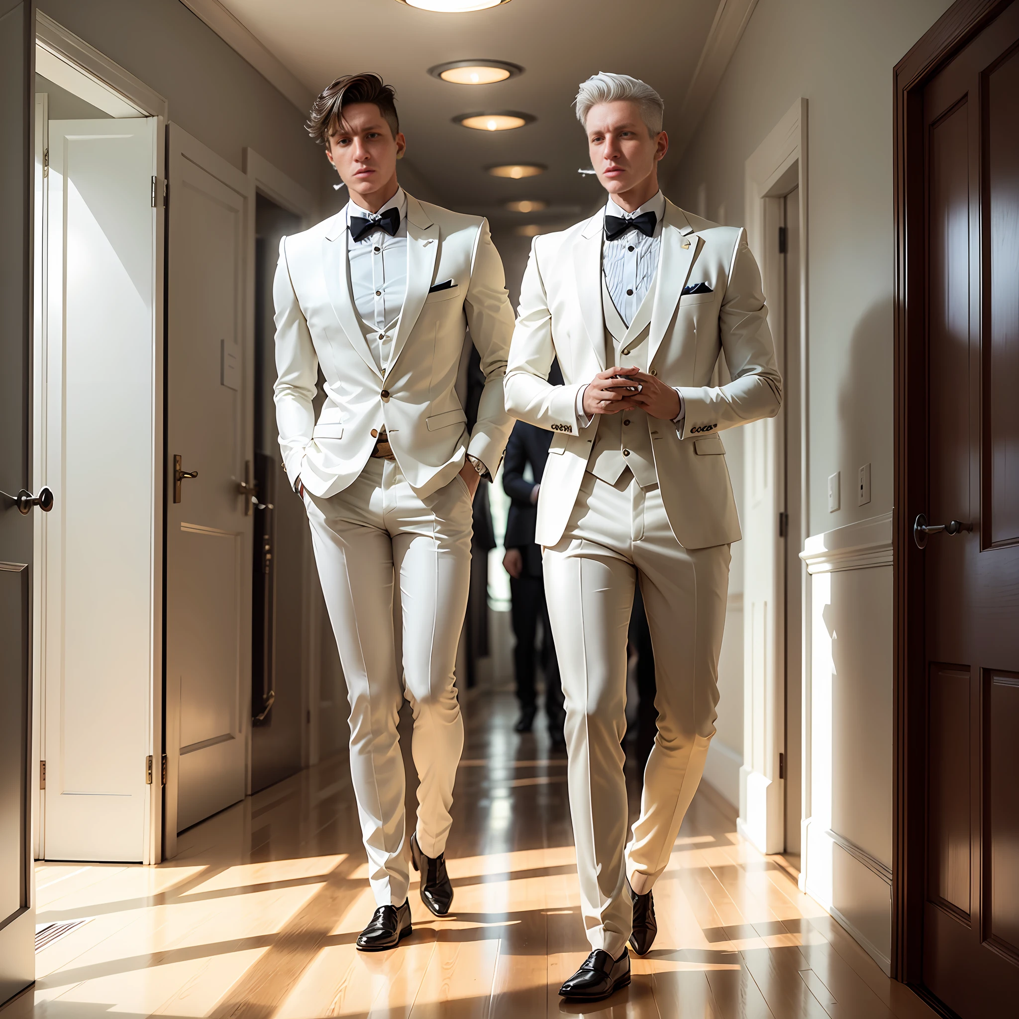a 22-year-old man in a white suit and bow tie standing in a hallway, vestindo um smoking branco, vestindo terno branco, terno branco, terno branco e gravata preta, usando um smoking --auto